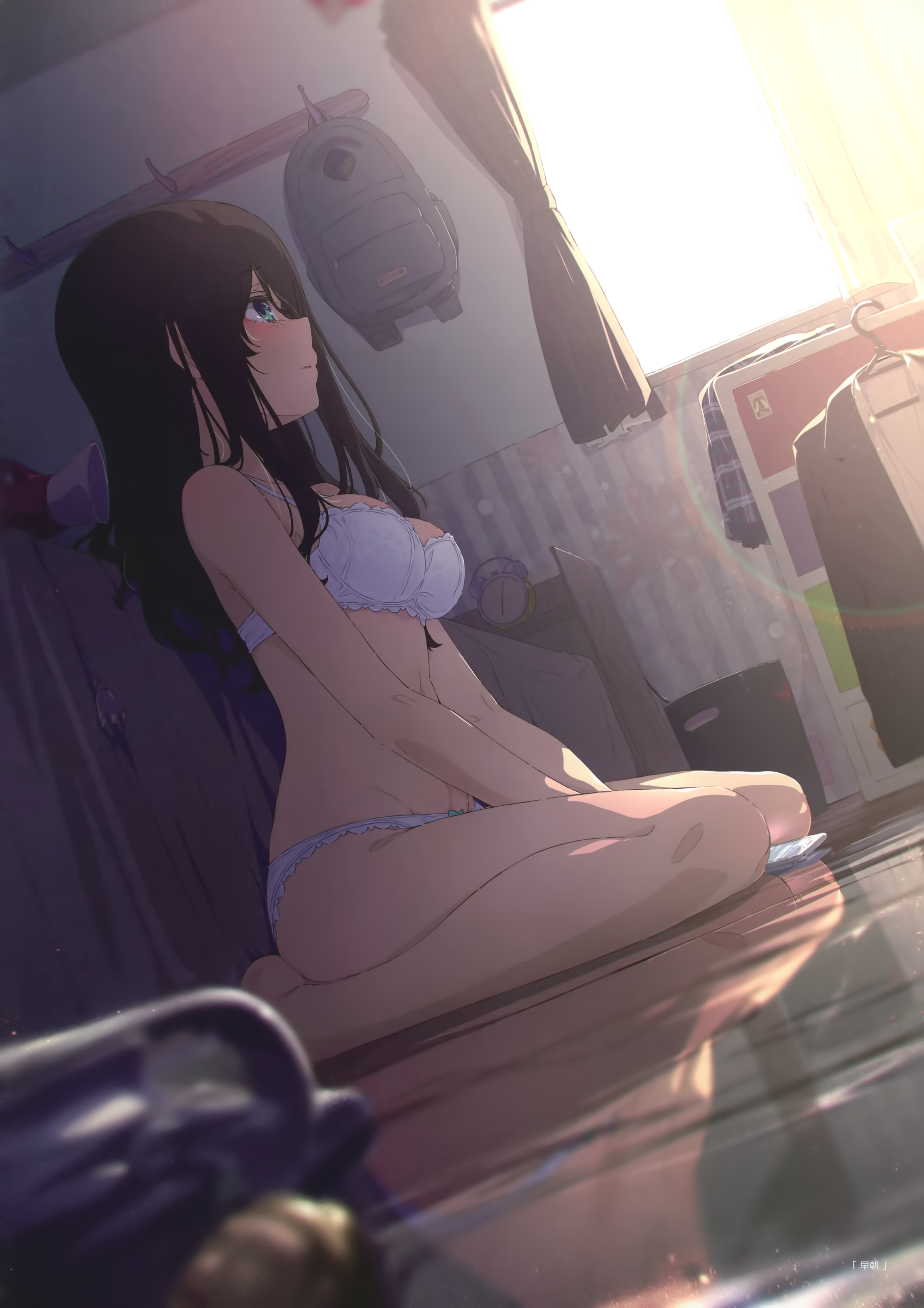 Anime 2494x3529 anime anime girls Ogipote portrait display looking away underwear white underwear long hair wariza women indoors backpacks parted lips black hair blue eyes bright clocks bed clothes hanger floor on the floor reflection bent legs curtains window sunlight skinny hand(s) between legs phone