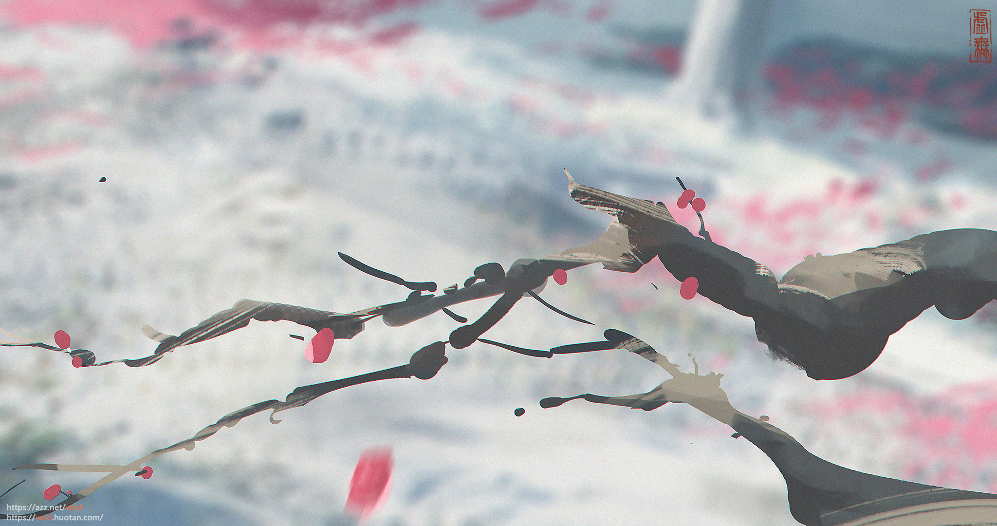 General 2048x1080 digital art cherry trees petals red petals branch blurry background watermarked bright void_0 nature snow