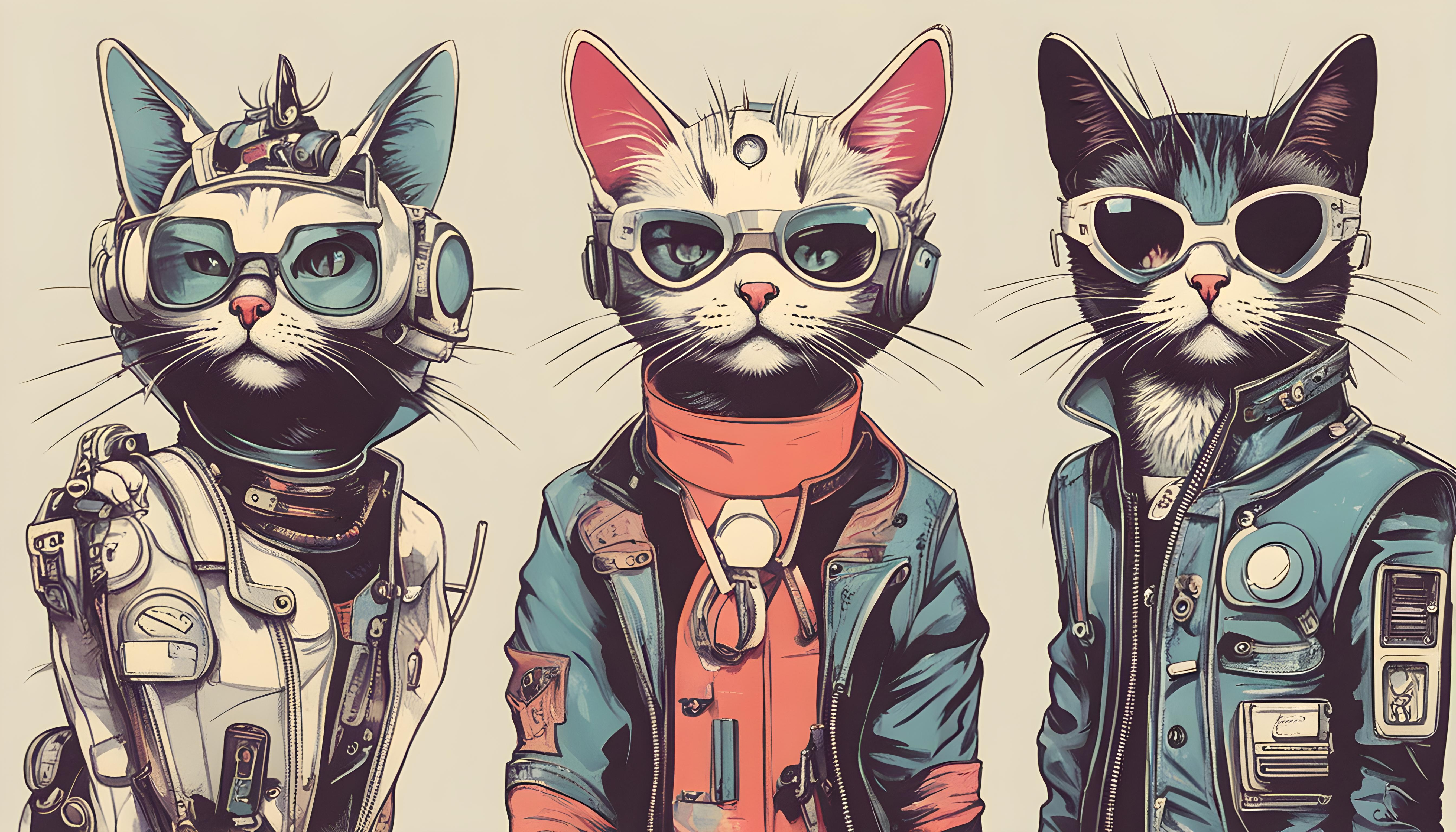 General 5376x3072 AI art cats glasses light background futurism animals whiskers looking at viewer jacket simple background fur sunglasses cat ears
