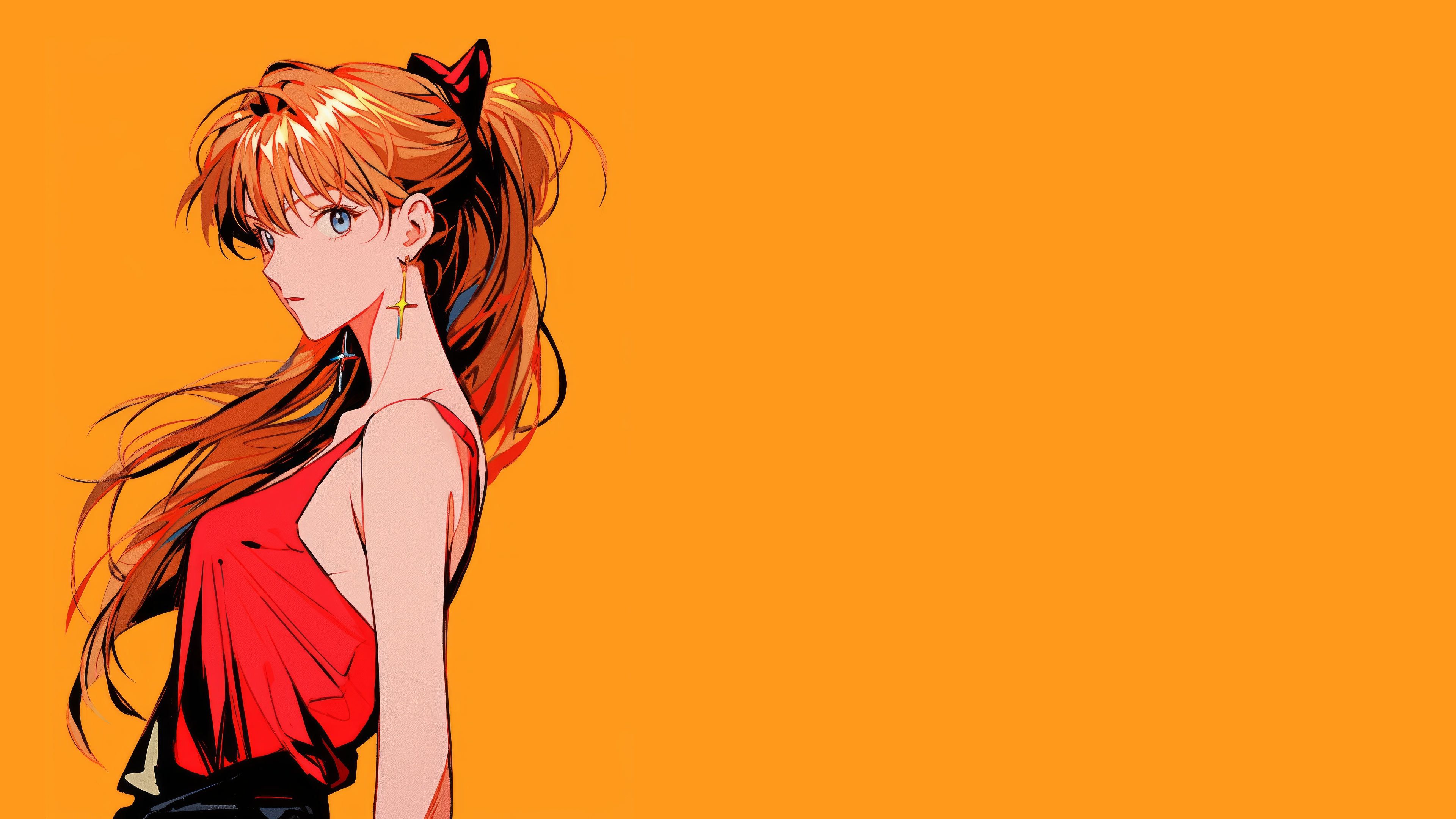 Anime 3840x2160 anime bangs blunt bangs red tops red shirt tank top earring jewels jewelry ribbon red ribbon redhead bare shoulders long hair ponytail Asuka Langley Soryu Neon Genesis Evangelion yellow background blue eyes looking back looking at viewer no bra