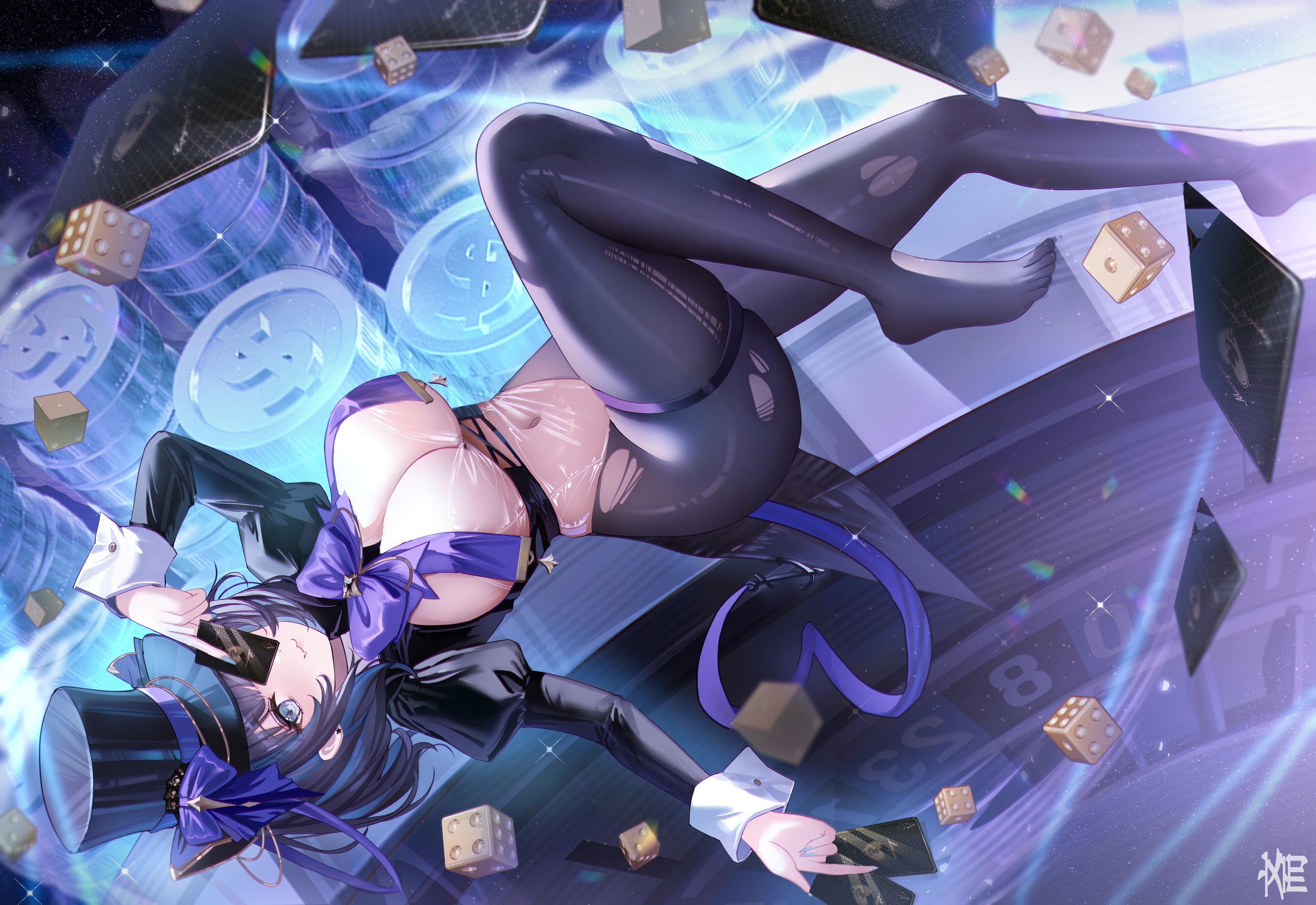 Anime 3129x2150 Azur Lane lying on back Cheshire (Azur Lane) dice one eye obstructed cards huge breasts long sleeves looking at viewer no bra black hair purple bow see-through clothing hat black pantyhose top hat Tansuan star earrings watermarked blue eyes coins fangs thighs torn pantyhose pantyhose