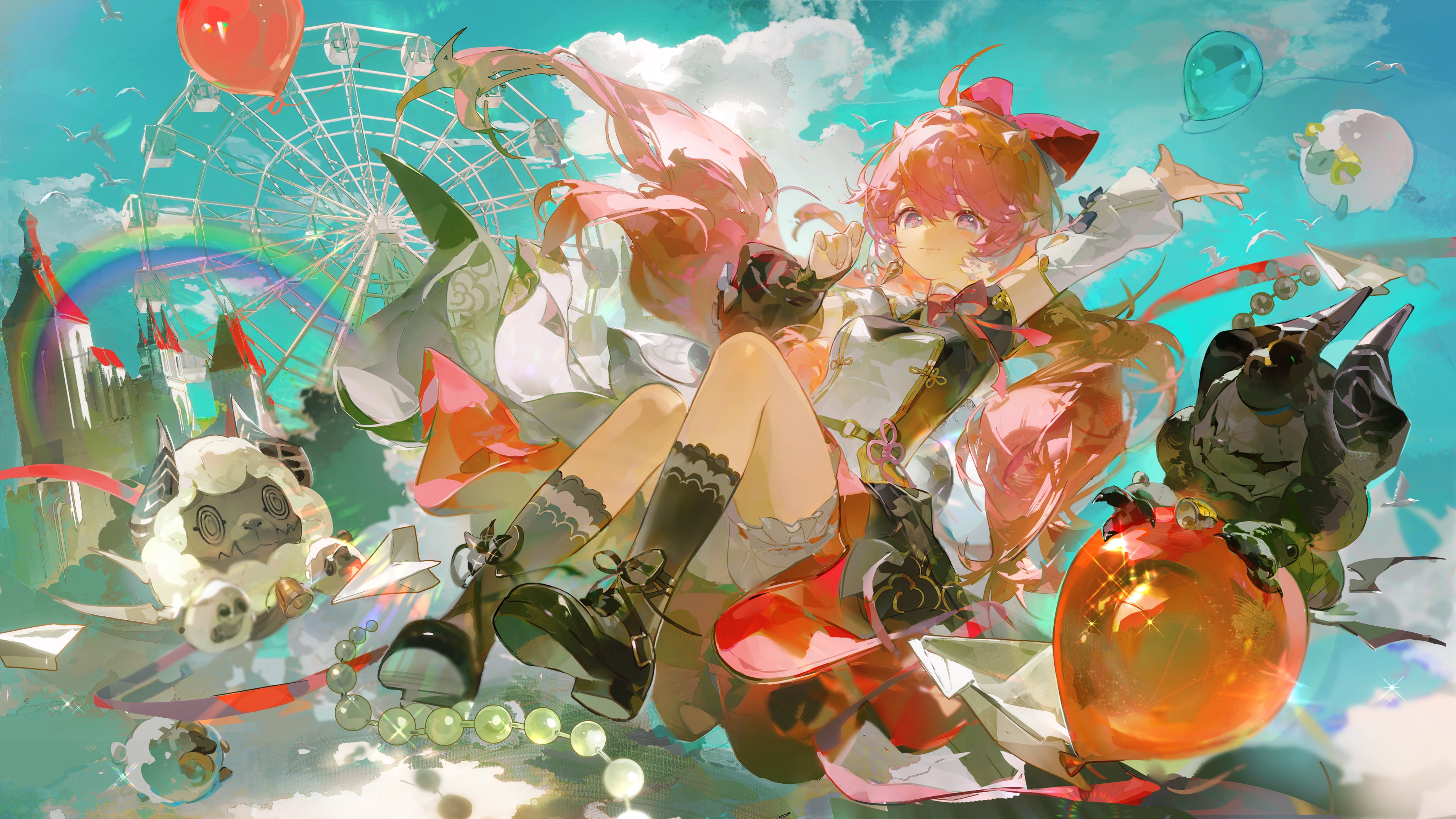 Anime 4096x2304 anime girls pink hair digital art anime games Wuthering Waves Encore (Wuthering Waves) video game art balloon ferris wheel one arm up castle sky clouds rainbows birds