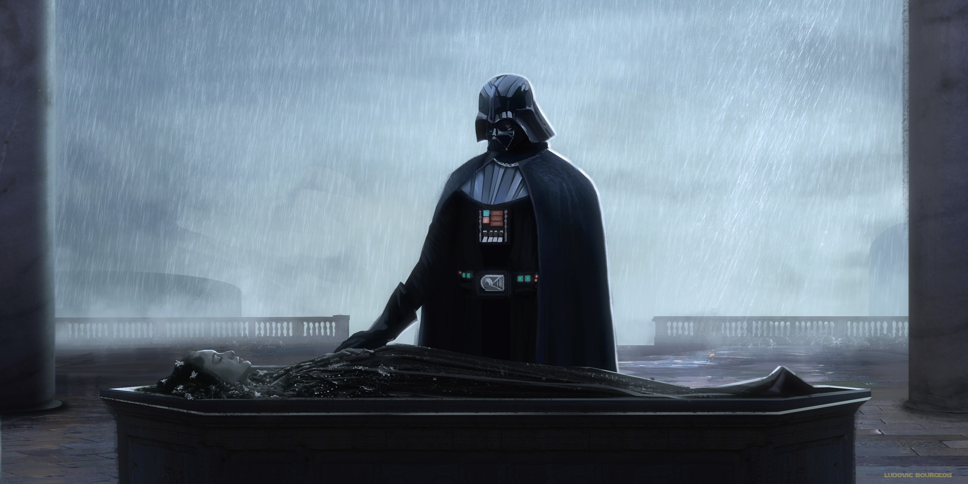 General 1920x960 Star Wars Padme Amidala Anakin Skywalker Darth Vader sad sadness rain artwork digital art Naboo landscape Star Wars: Episode III - The Revenge of the Sith dead AI art