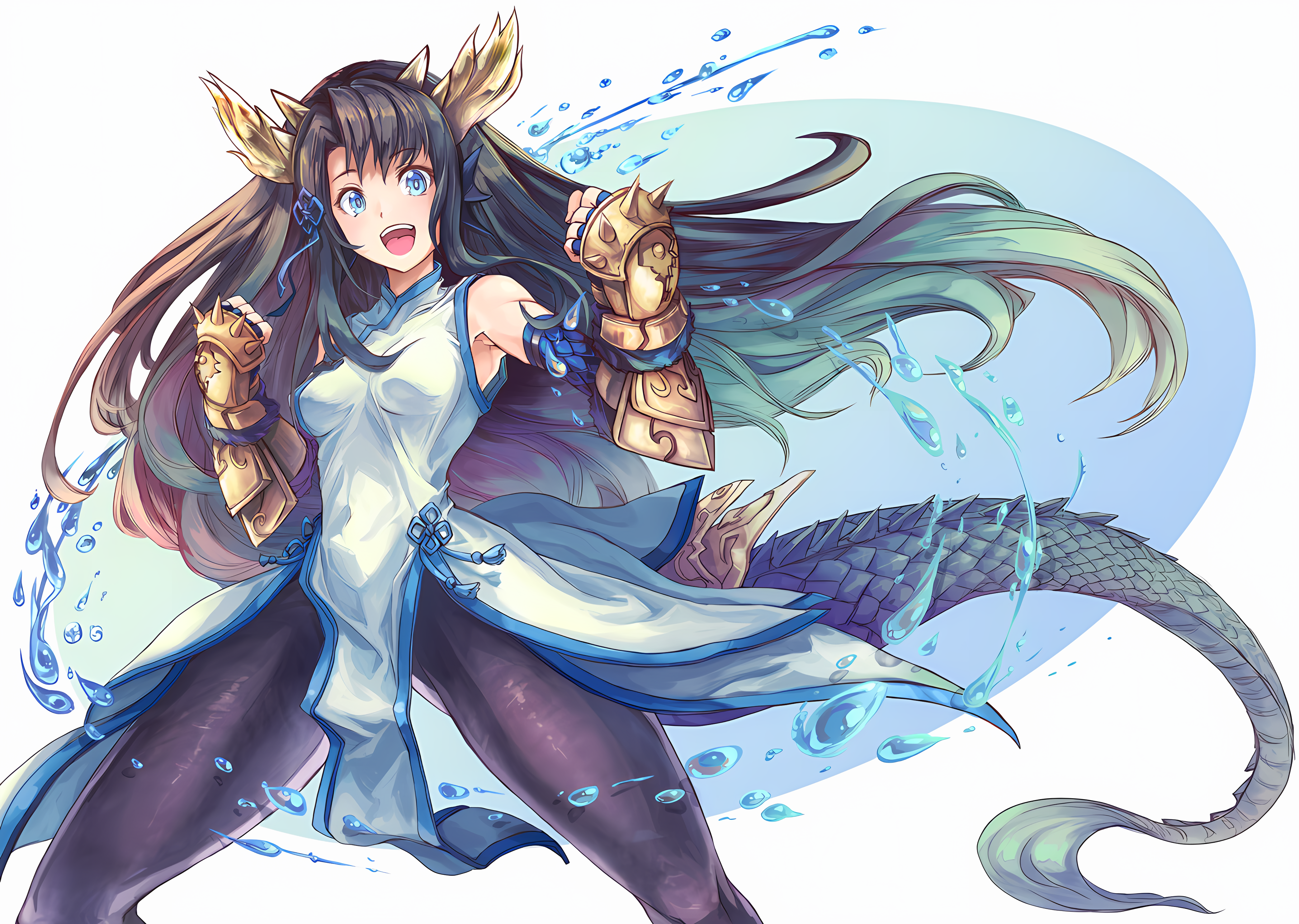 Anime 4172x2968 puzzle and dragons Karin gauntlets dragon tail blue eyes spandex water dragon girl