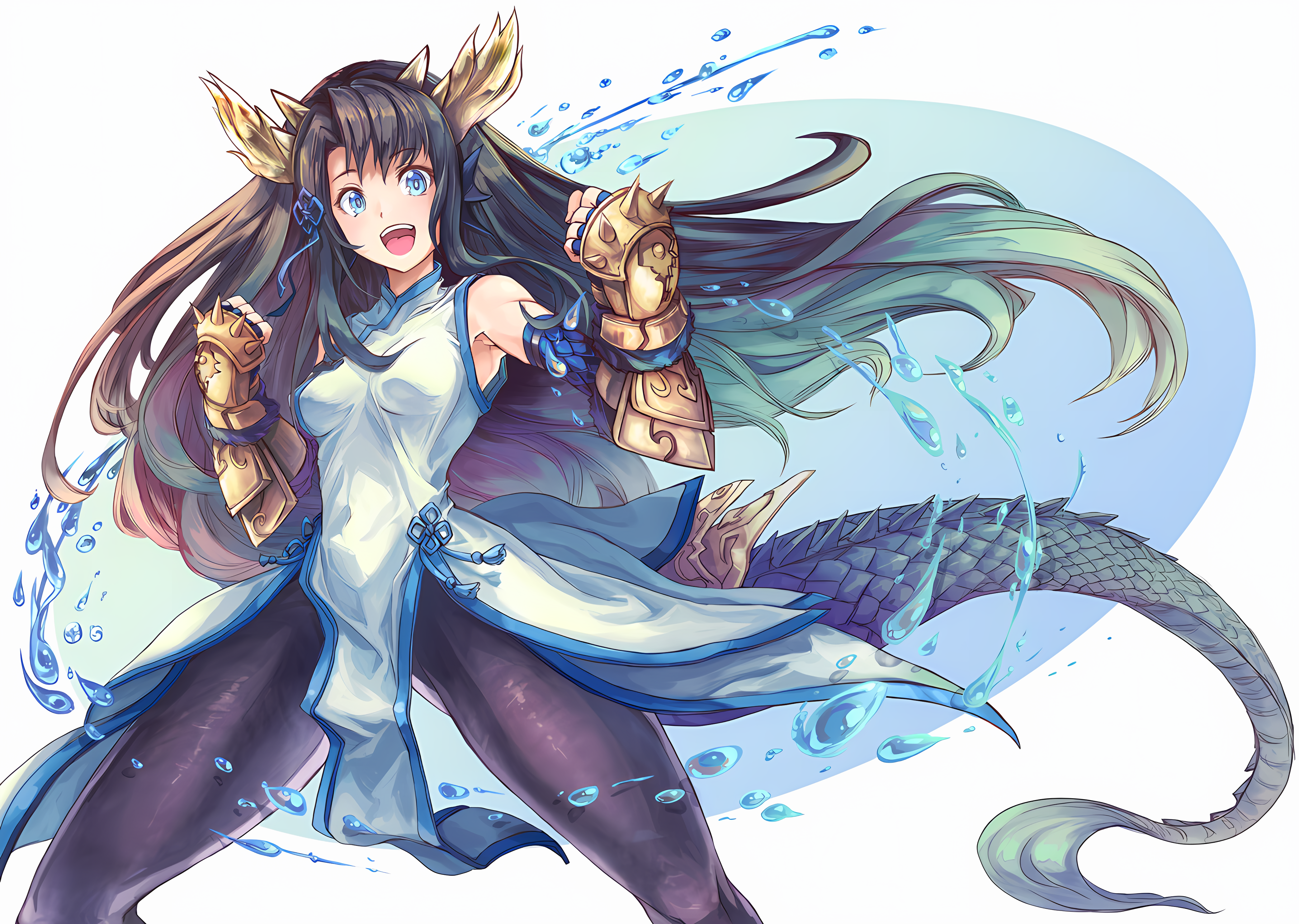 Anime 4172x2968 Puzzle & Dragons gauntlets dragon tail blue eyes spandex dragon girl open mouth smiling long hair spread legs white background spikes anime girls dark hair simple background tail standing looking at viewer fist legs thighs water drops gradient hair Karin (Puzzle & Dragons) water