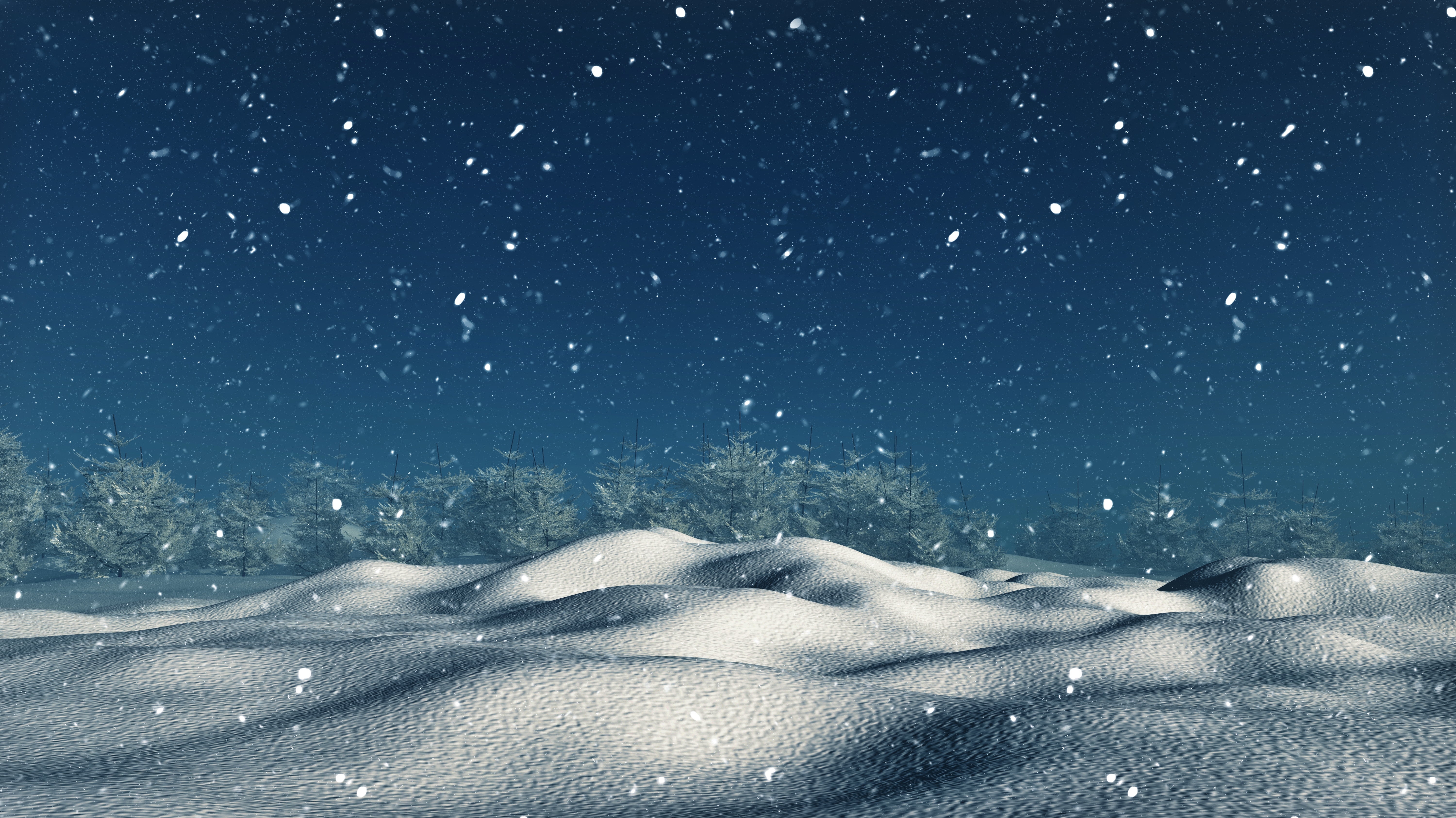 General 6000x3375 snow snowflakes nature landscape pine trees hills sky night winter dark blue CGI