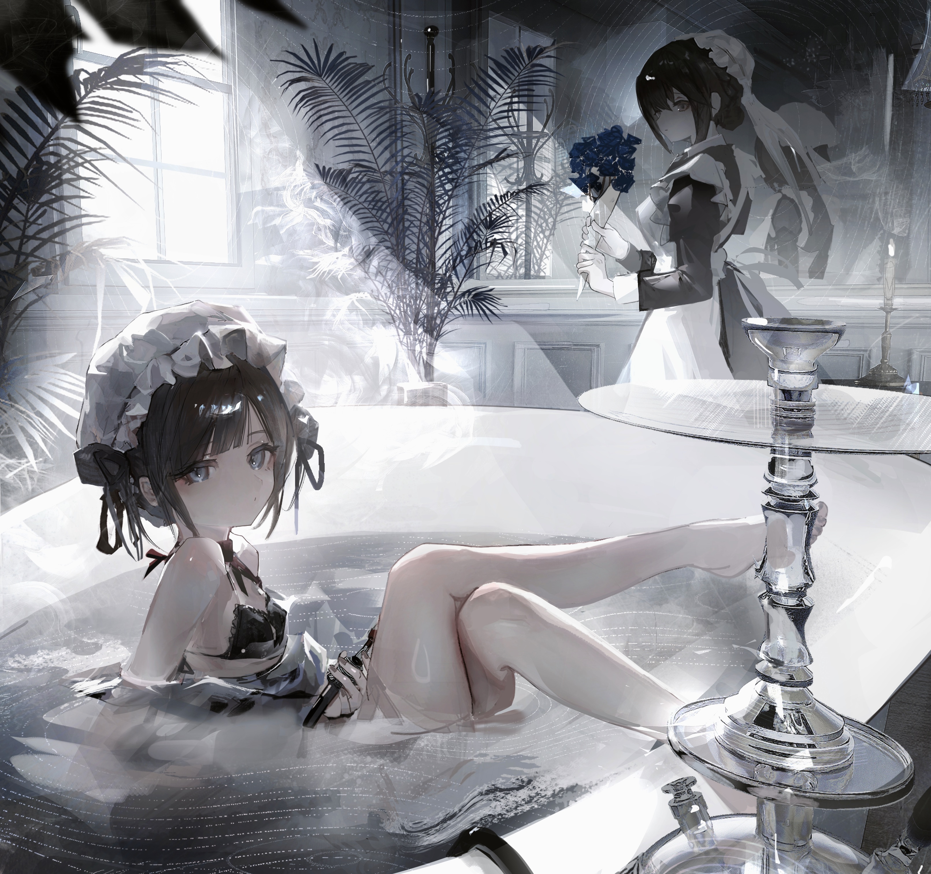 Anime 3222x3024 wet maid bathing anime anime girls original characters water misumigumi in water looking at viewer short hair long hair long sleeves legs crossed pointed toes women indoors bathtub two women plants maid outfit reflection blue eyes dark hair