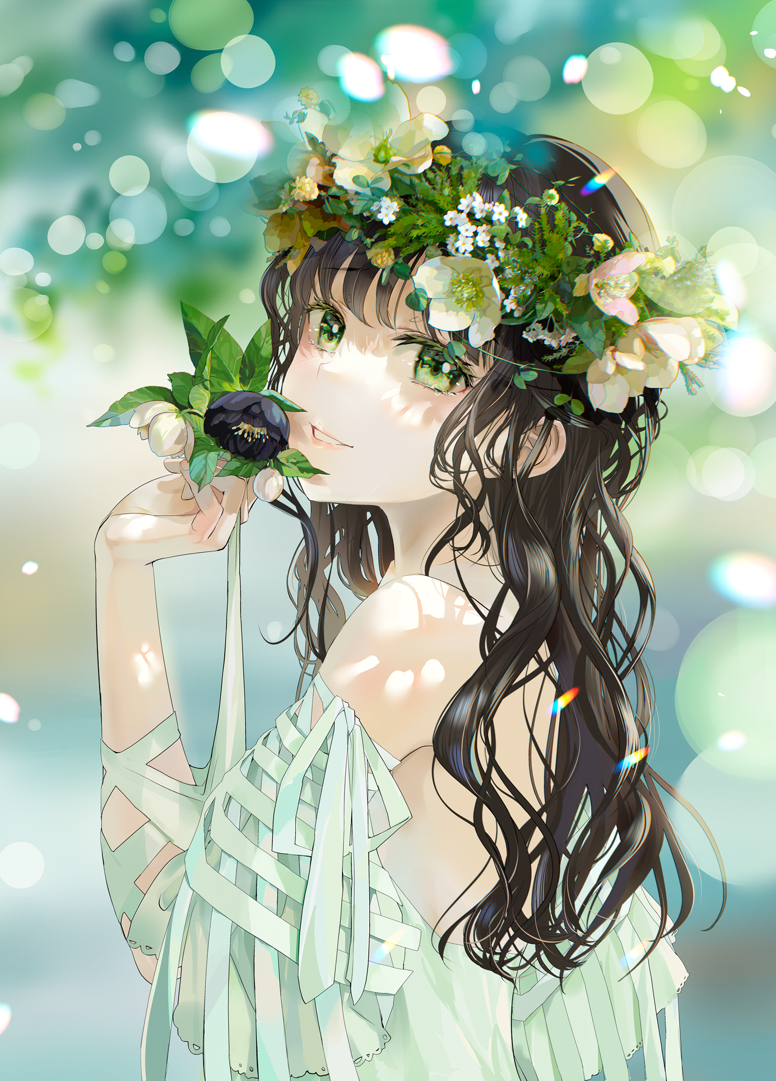 Anime 1543x2150 Naruse Chisato long hair portrait display smiling looking back white dress looking at viewer back flower in hair green eyes flower crown black hair sunlight backless dress bare shoulders dress