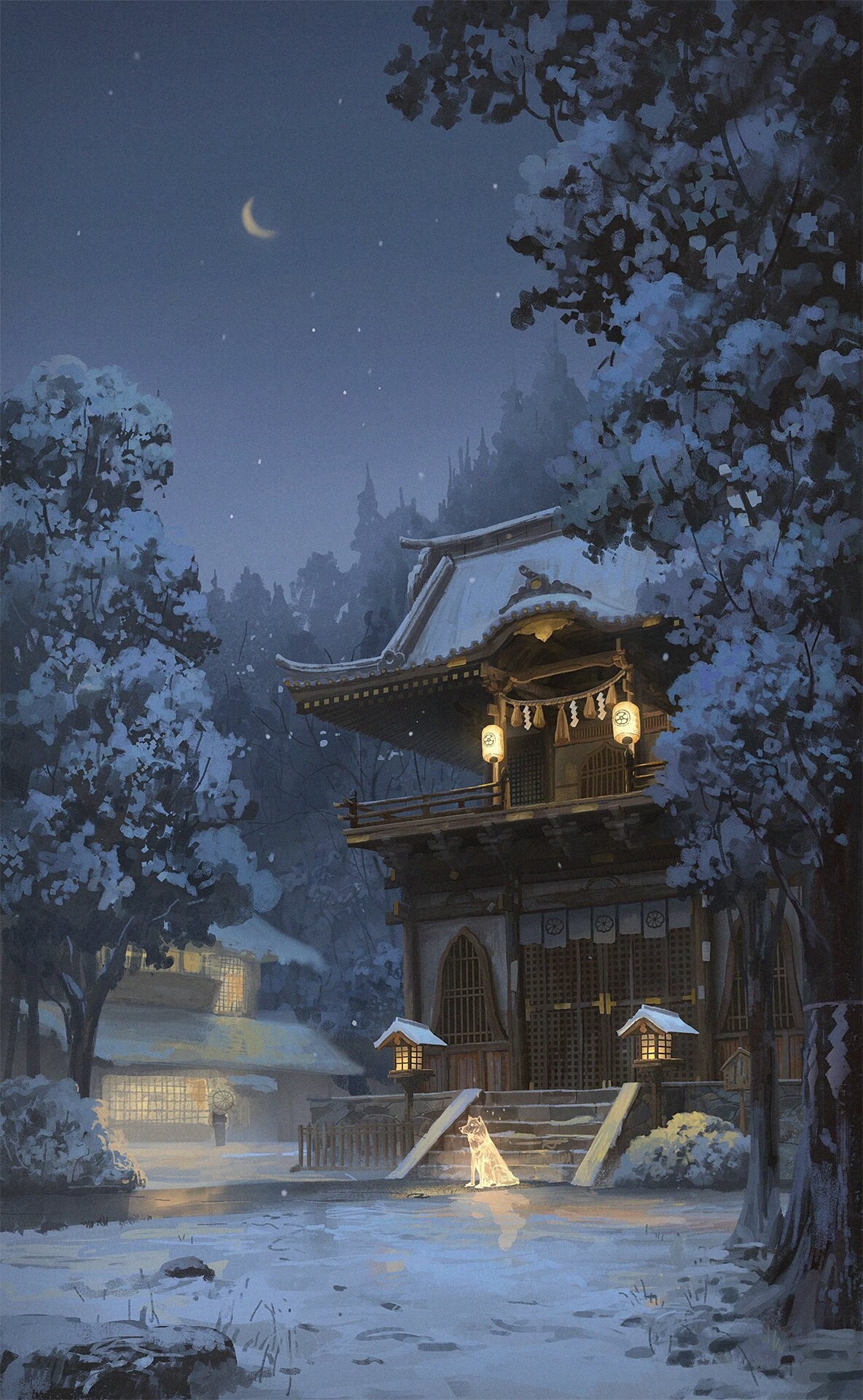 Anime 1184x1920 trees snow shrine temple lantern sky Moon crescent moon Cyclecircle stars
