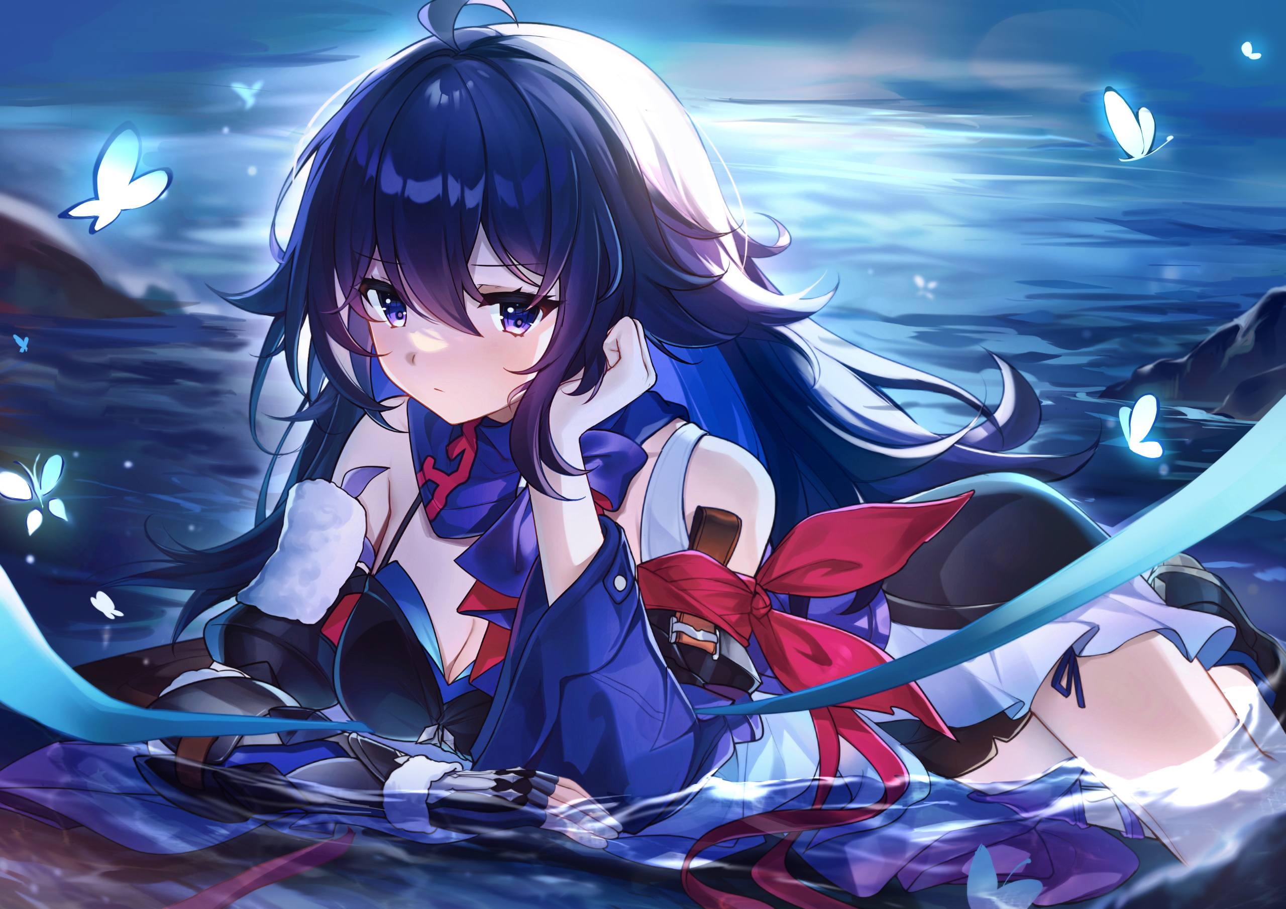 Anime 2560x1810 Honkai: Star Rail anime girls lying on front water long hair butterfly Seele (Honkai: Star Rail)