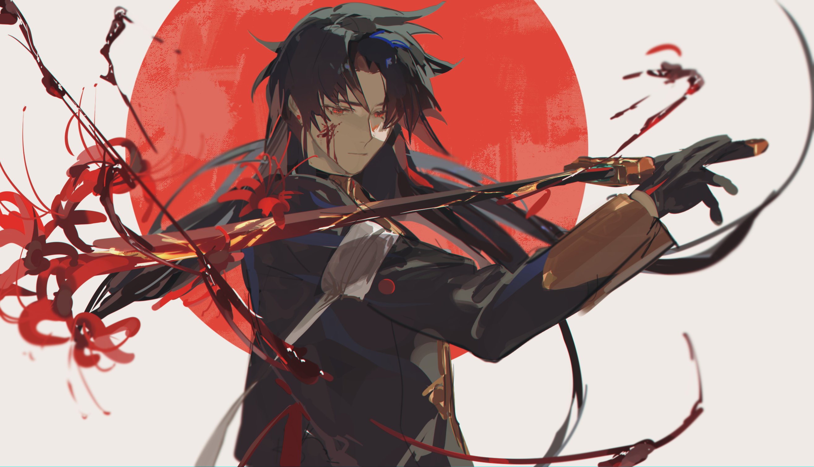 Anime 2633x1512 anime boys sword long hair Honkai: Star Rail gloves flowers weapon blood simple background Blade (Honkai: Star Rail)