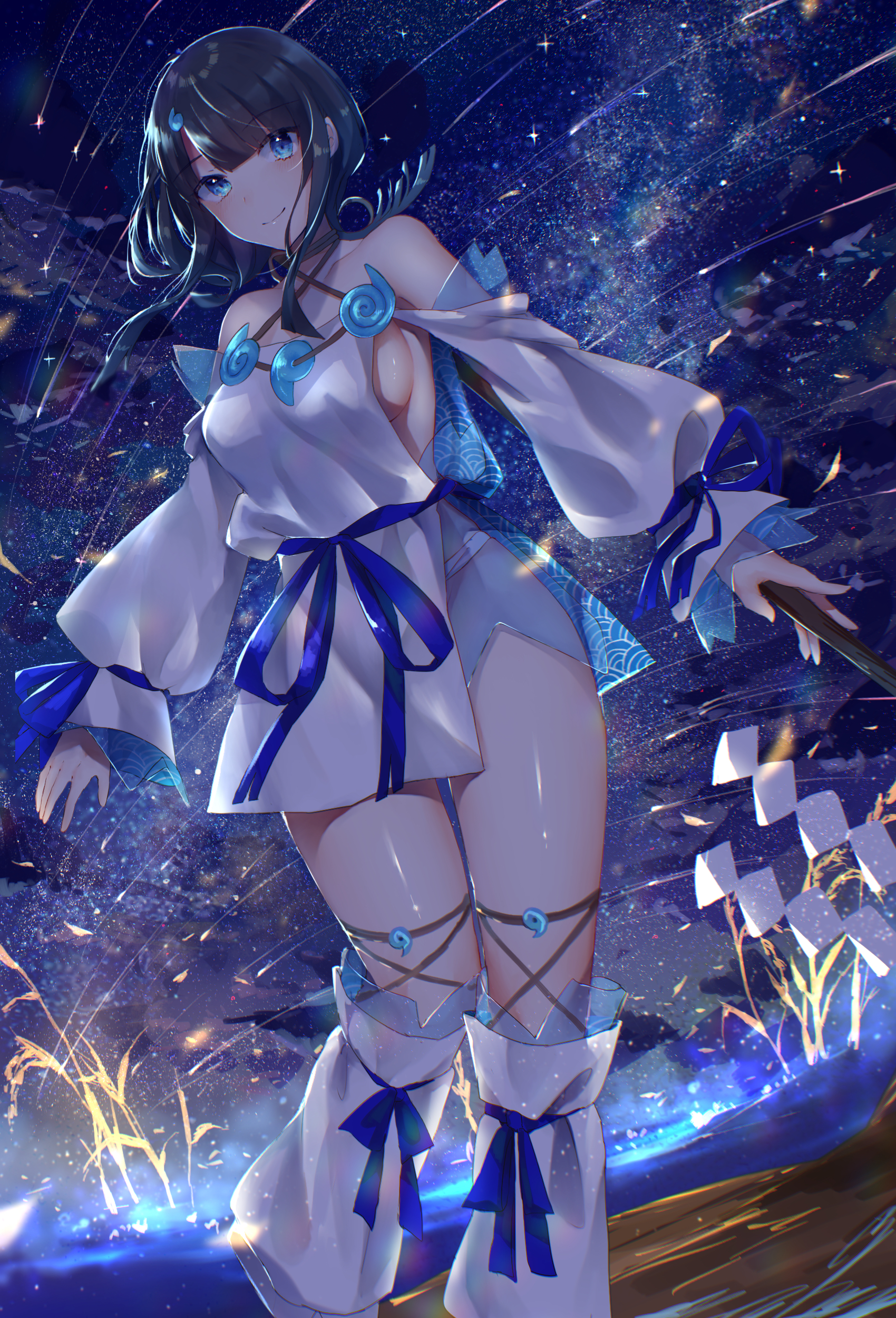Anime 1700x2500 Hitomin portrait display anime anime girls Fate series meteor streak Fate/Grand Order smiling Utsumi Erice (Fate/Grand Order) long hair dark hair blue eyes blushing thighs looking at viewer stars starry night night starred sky sky bare shoulders sideboob big boobs ribbon blue ribbons clouds thigh strap long sleeves leg warmers