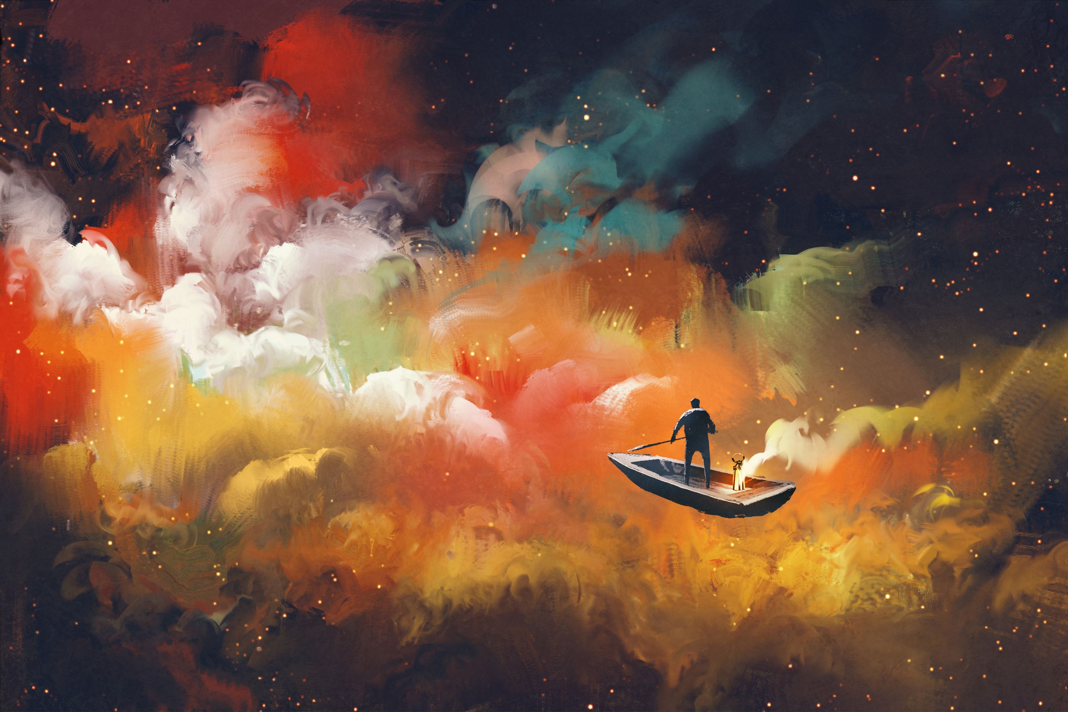 General 3526x2351 Color Burst clouds boat colorful lantern digital art
