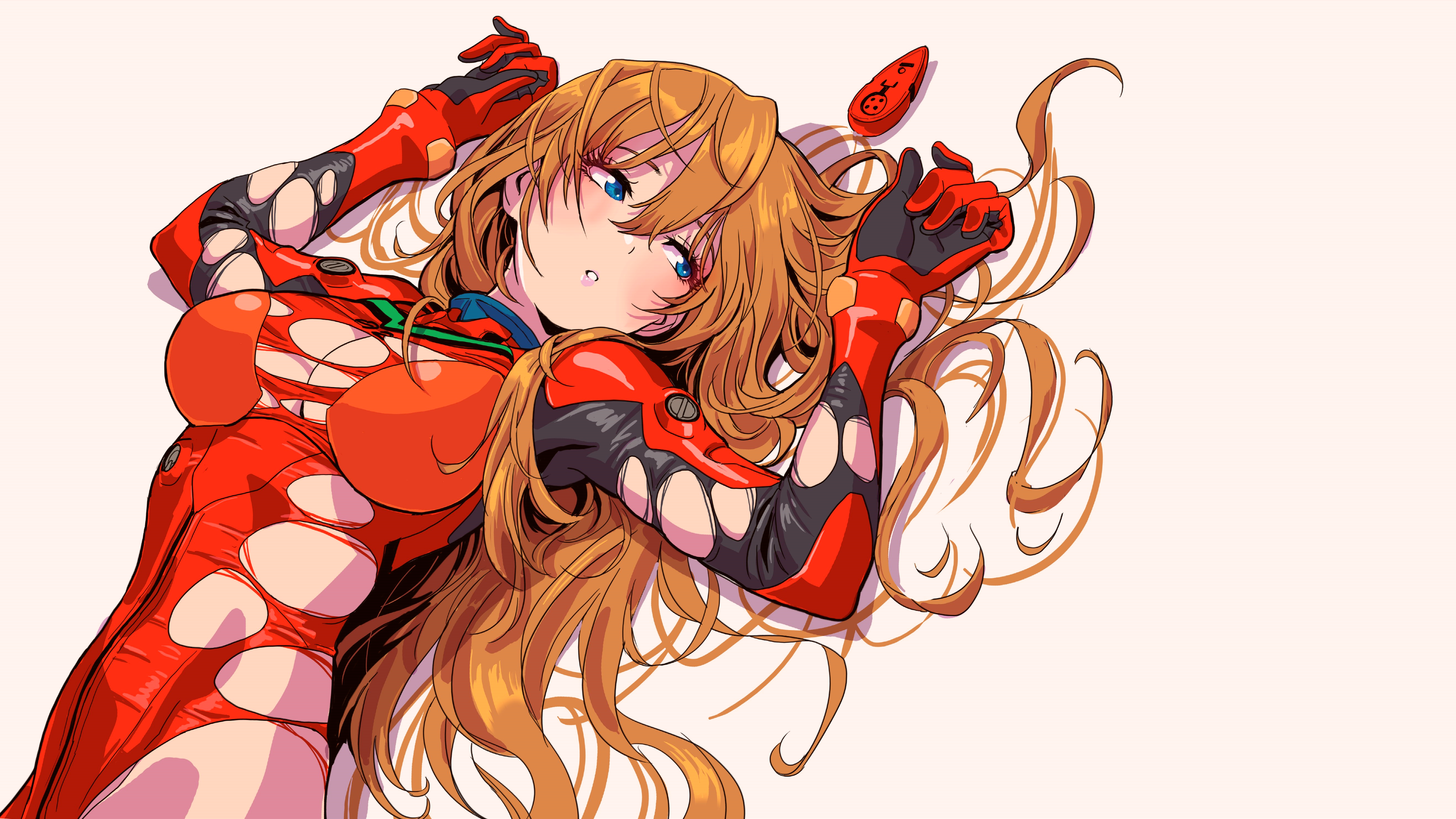 Anime 3840x2160 Neon Genesis Evangelion Asuka Langley Soryu redhead long hair bangs blunt bangs open mouth looking away looking sideways torn clothes gloves red gloves bodysuit red bodysuit plugsuit tight clothing blue eyes eyelashes long eyelashes anime girls anime blushing lying down belly cleavage simple background lying on back