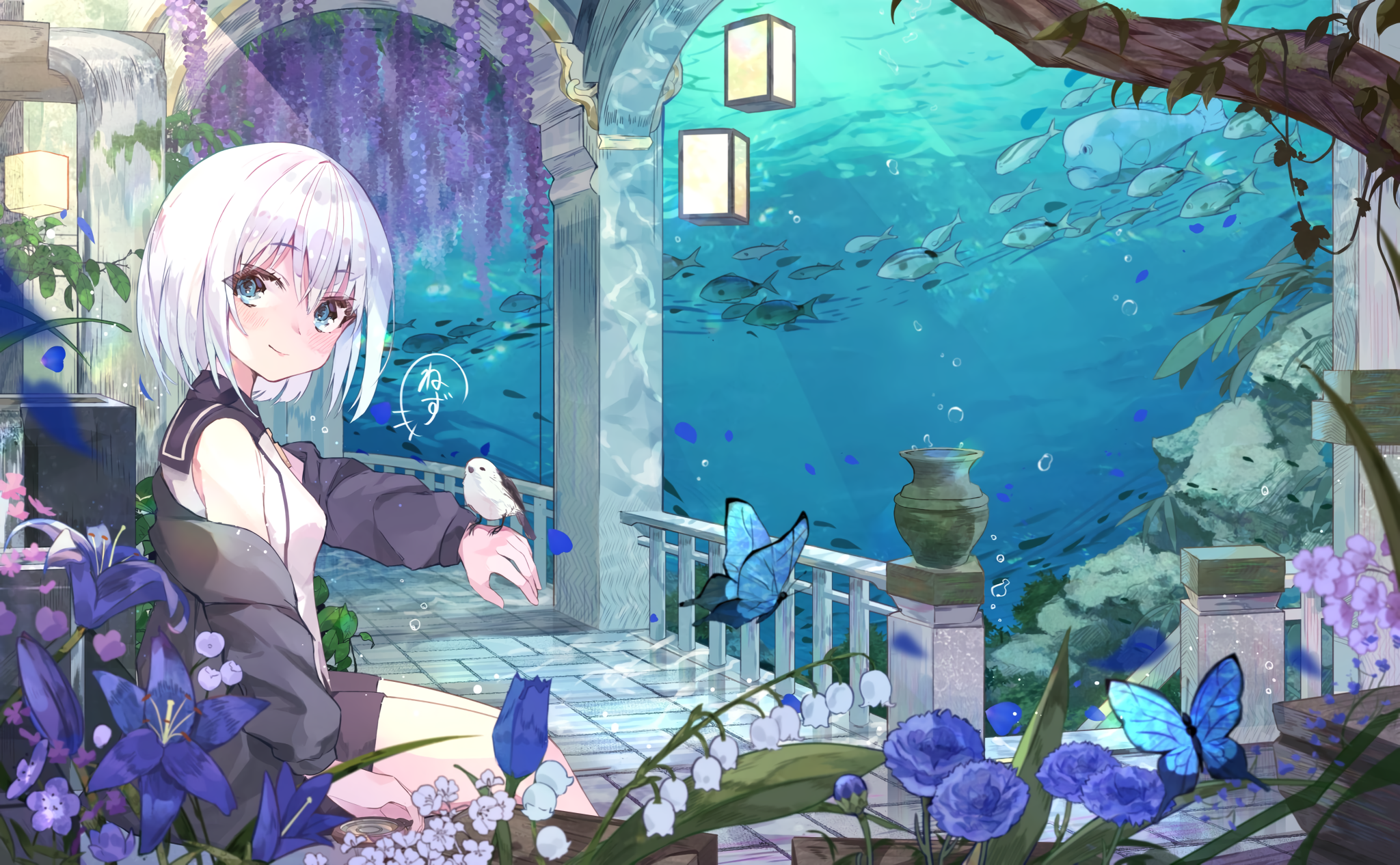 Anime 2048x1266 anime anime girls fish looking at viewer flowers leaves smiling short hair water bubbles butterfly birds animals insect Japanese