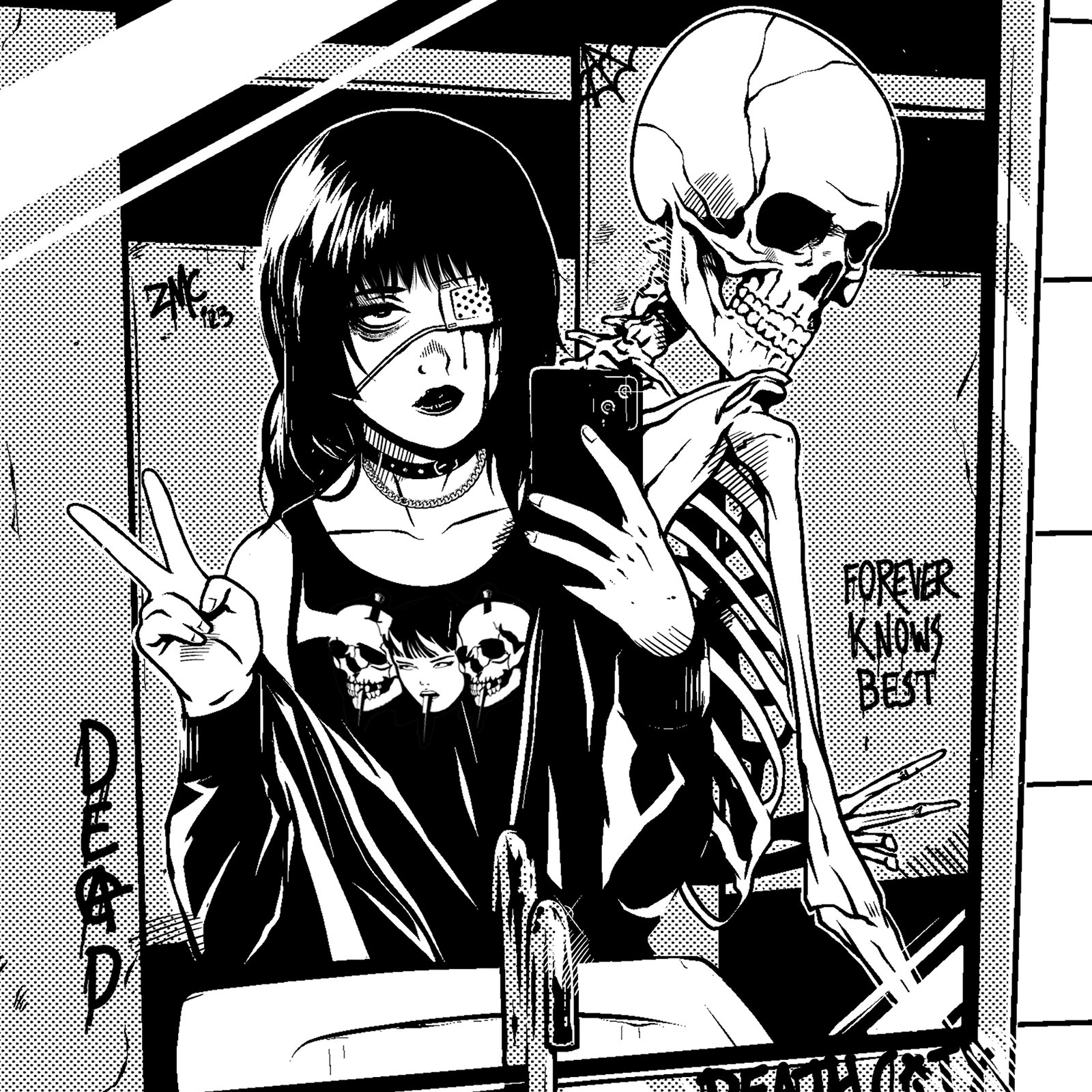 Anime 1600x1600 zombie makeout club dark long hair Gothic drawing anime girls phone looking at viewer monochrome peace sign skeleton mirror reflection eyepatches choker necklace