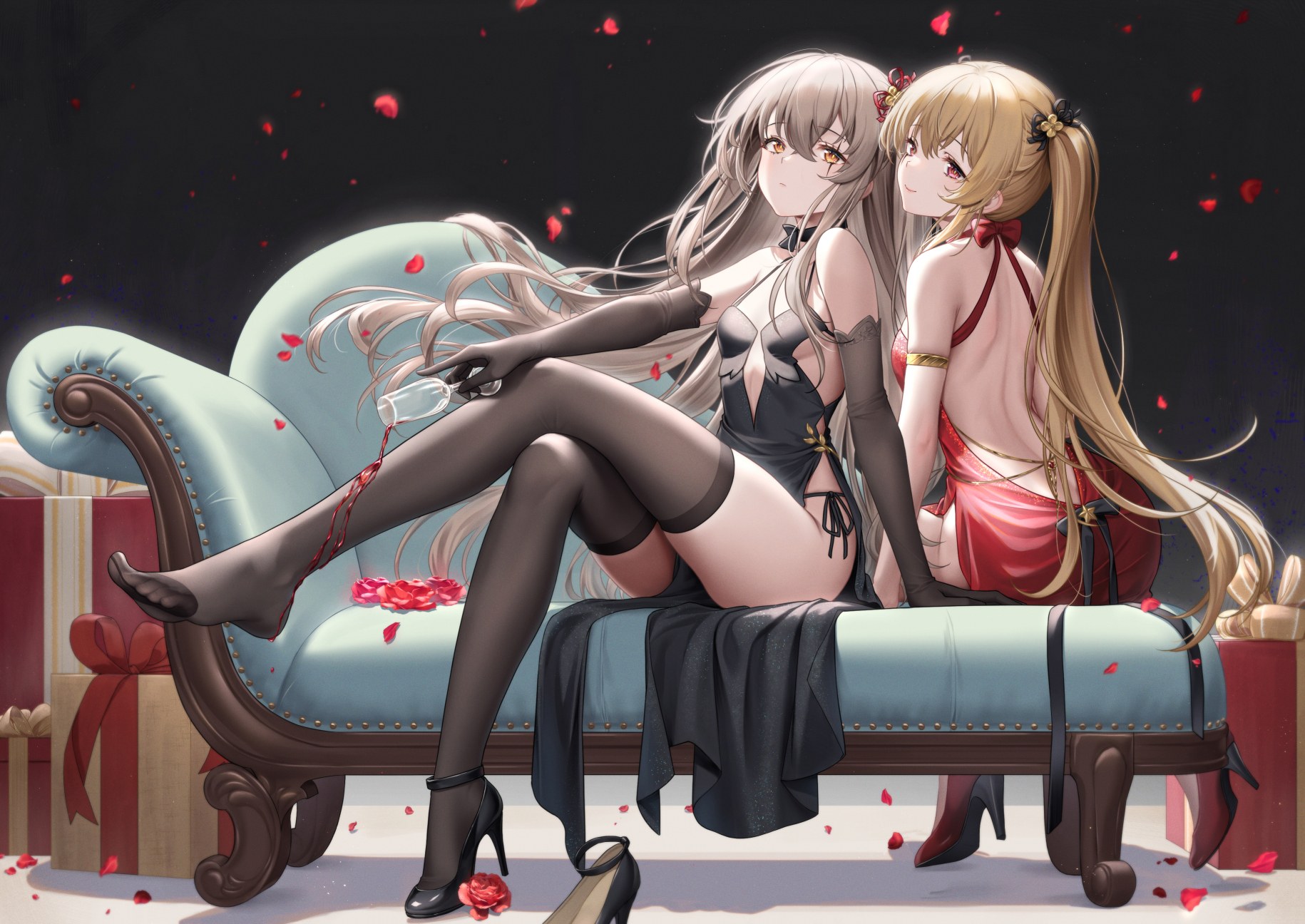 Anime 1830x1296 anime anime girls stockings legs crossed heels flowers petals wine wine glass thighs dress long hair looking at viewer elbow gloves presents small boobs Girls Frontline