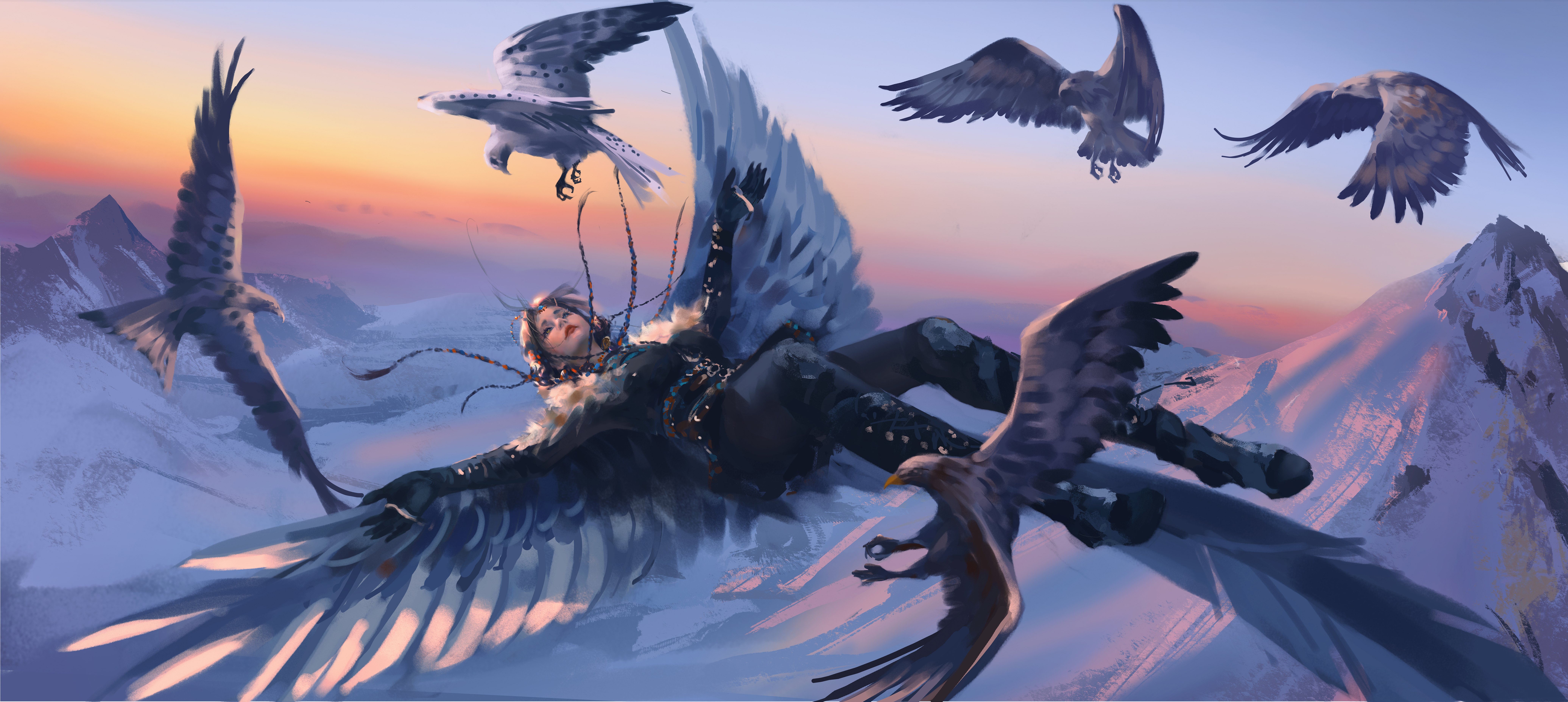 General 8285x3709 Ghostblade WLOP Stella fantasy girl digital art feathers wings bird of prey 4K snow sunset sunset glow mountains animals birds falcons Stella (WLOP)