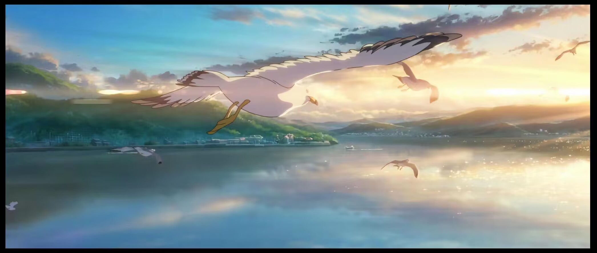 Anime 2092x886 Suzume bird of prey anime Anime screenshot water sea clouds sunset sunset glow mountains sky animals birds