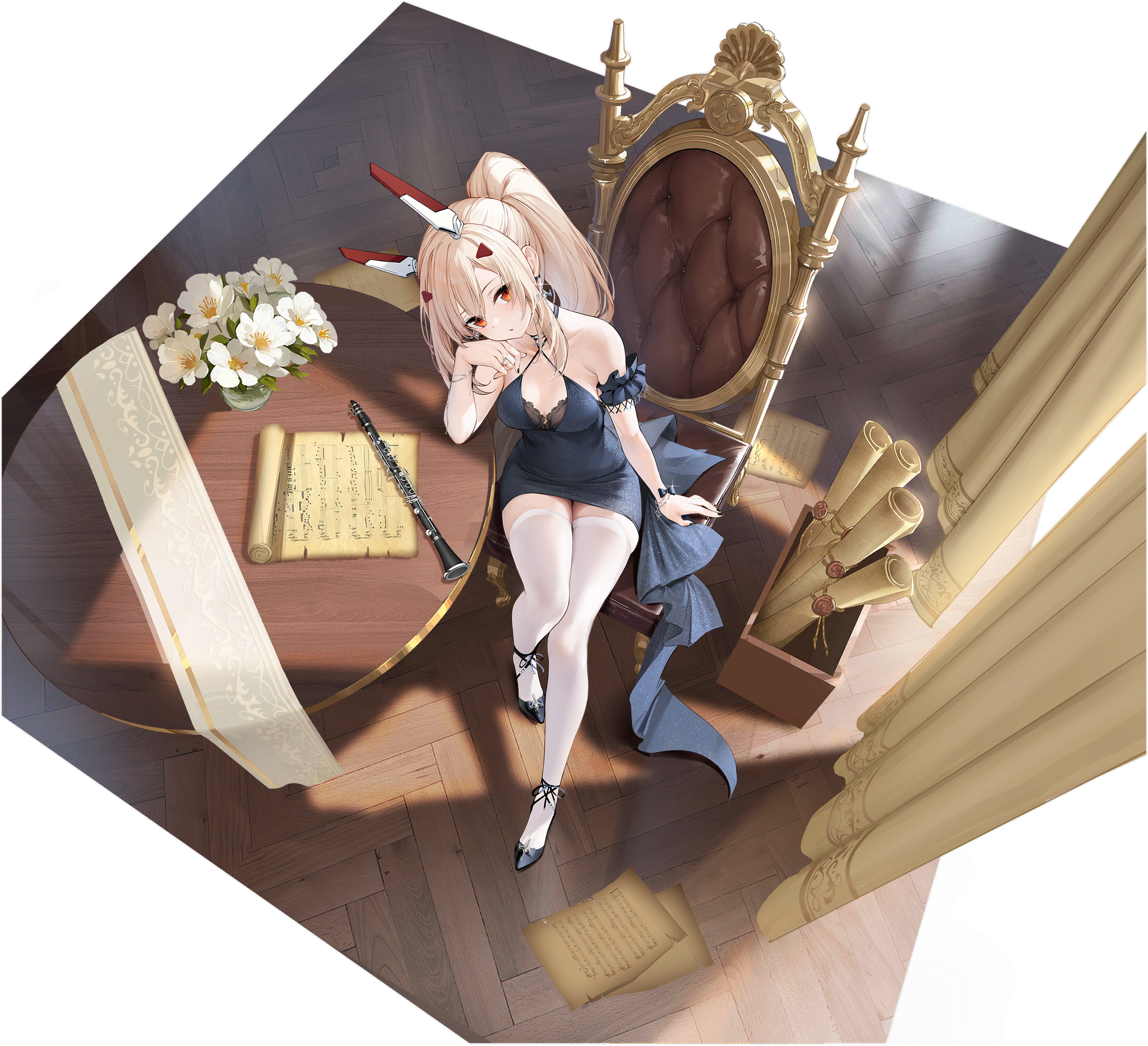 Anime 2048x1866 Azur Lane anime girls dress stockings sitting chair looking at viewer ponytail musical instrument blonde red eyes curtains flowers paper musical notes high angle Ayanami (Azur Lane)