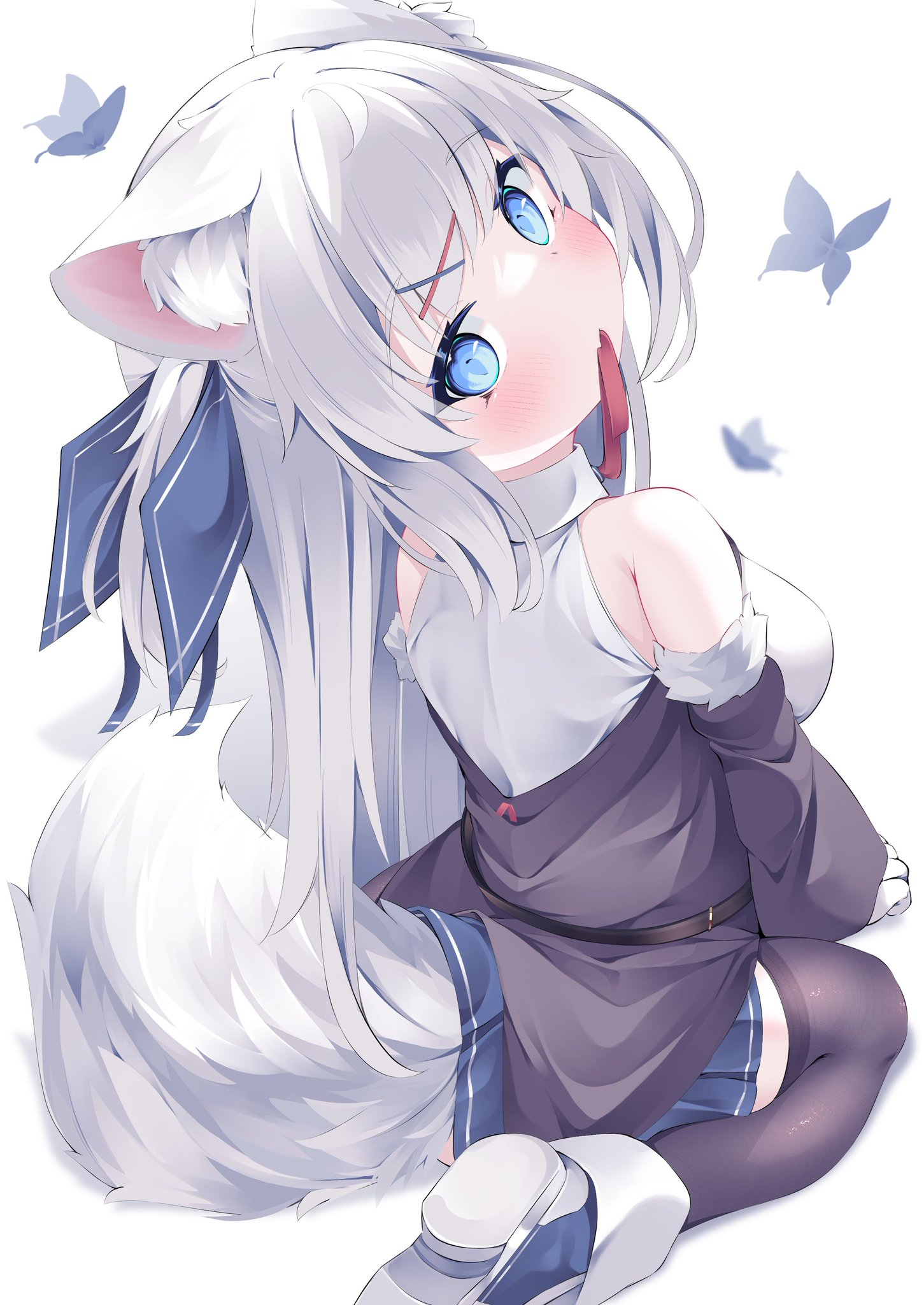 Anime 1451x2048 anime anime girls blue eyes red ribbon gray hair portrait display fox girl fox ears looking back blushing looking at viewer butterfly fox tail