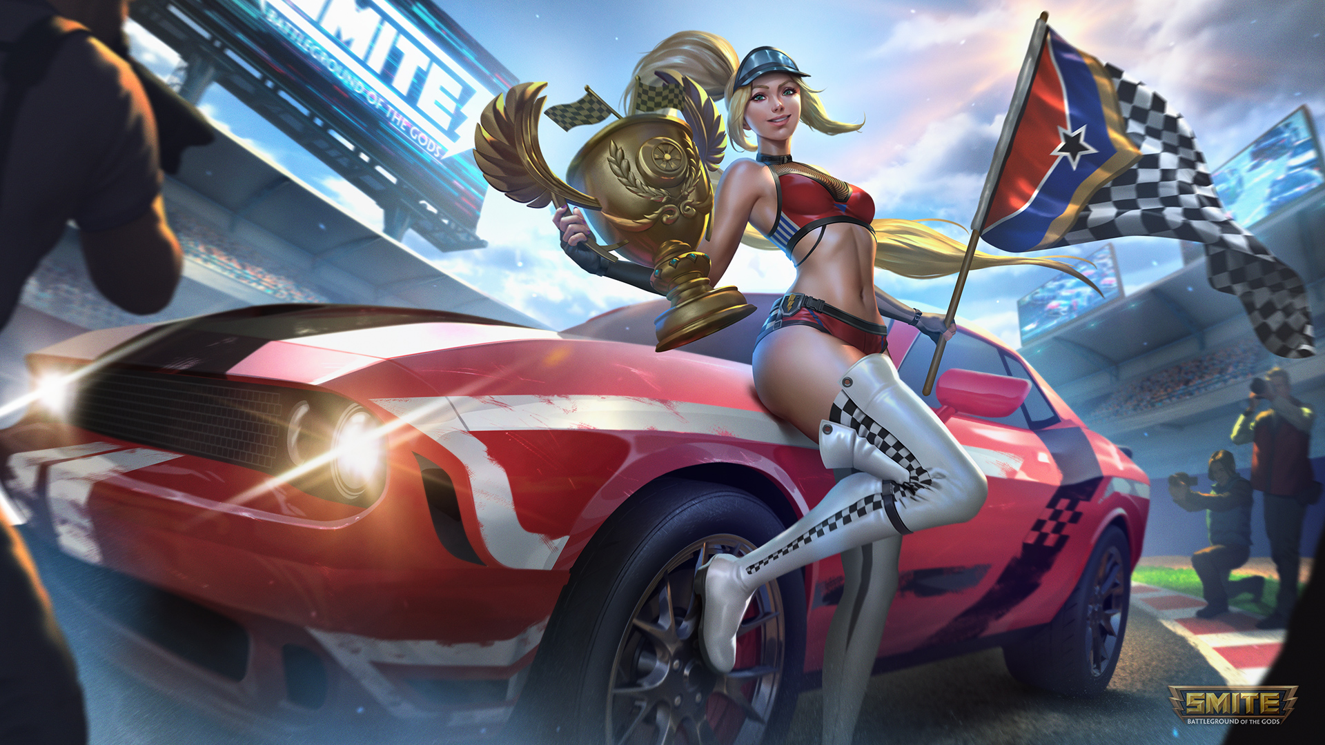 General 1920x1080 Smite MOBA Sol (Smite) video games video game characters women with cars video game art flag headlights frontal view thighs ponytail smiling sky clouds belly belly button looking at viewer camera blonde blue eyes hat video game girls race flag