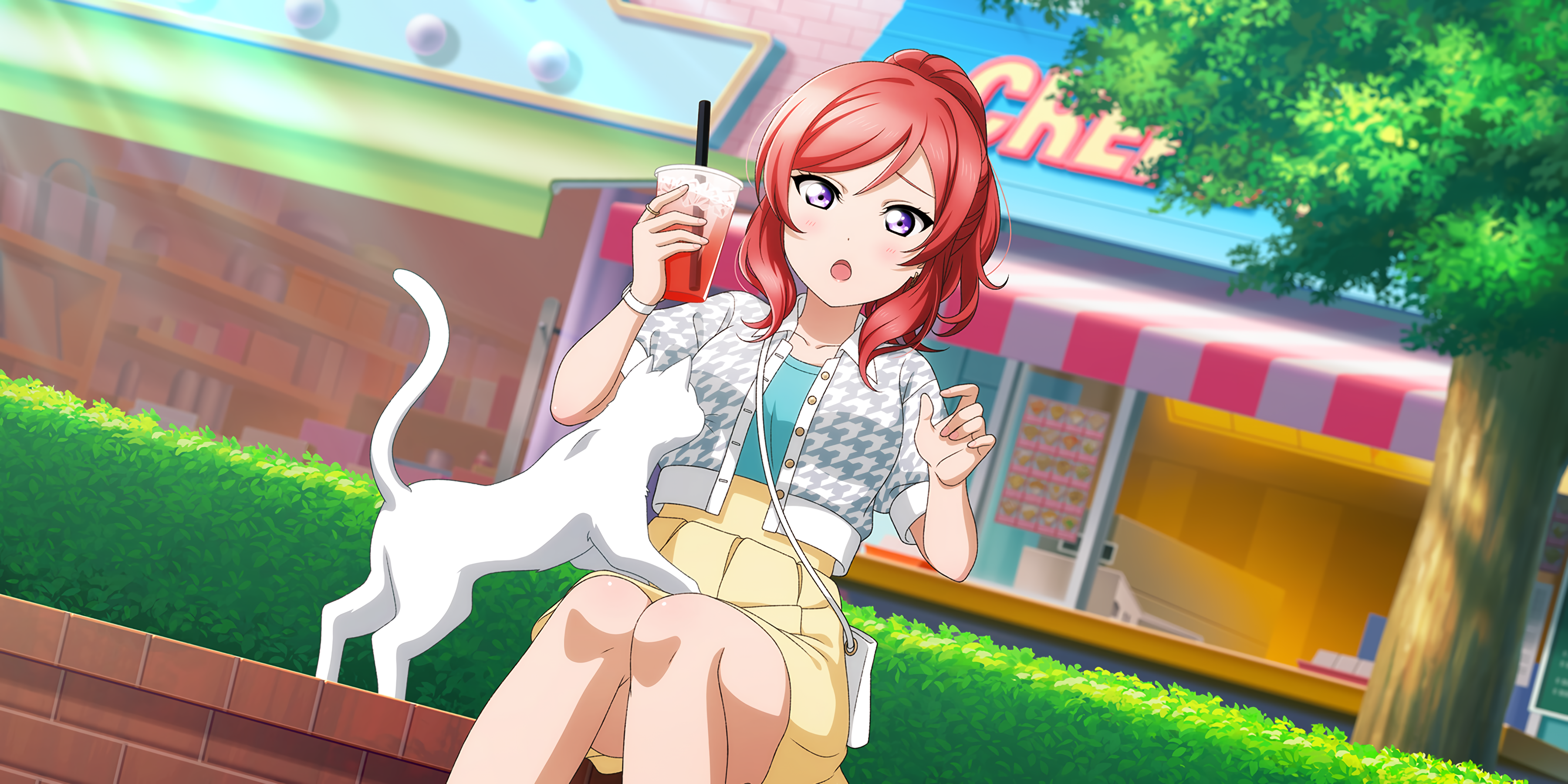 Anime 3600x1800 Nishikino Maki Love Live! anime girls drink cats animals redhead sitting sunlight purse