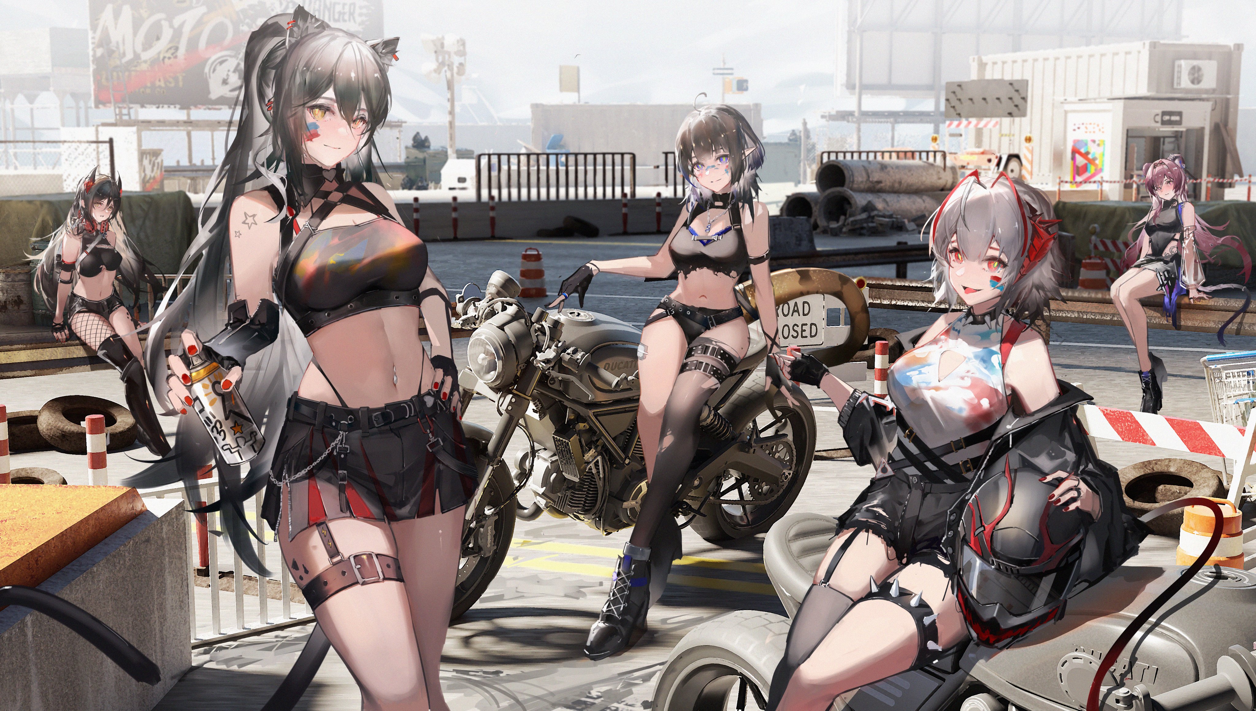 Anime 4096x2318 anime girls motorcycle animal ears Arknights Schwarz(Arknights) W (Arknights) Ines (Arknights) Eunectes (Arknights) Lin Yuhsia (Arknights) looking at viewer smiling belly belly button skirt pierced navel spray can helmet long hair