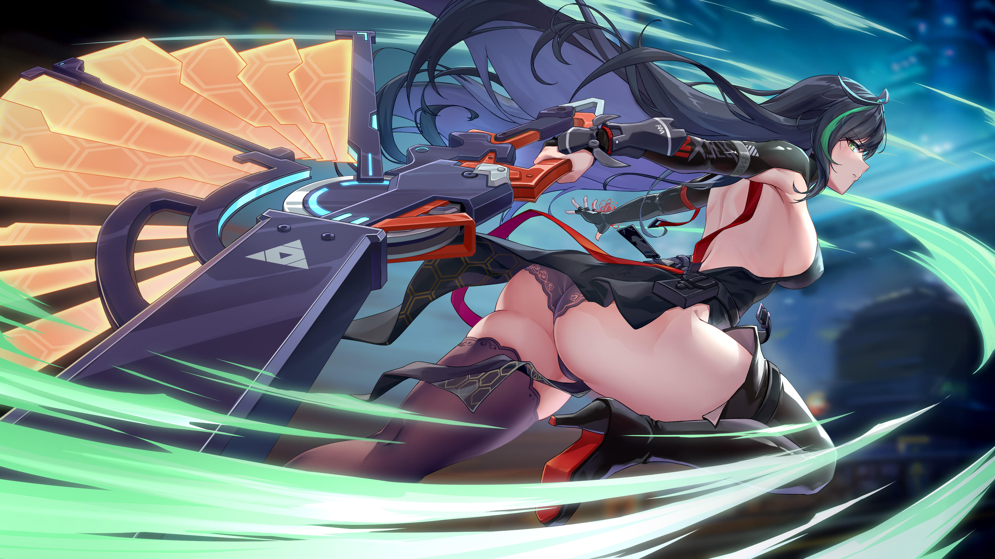 Anime 3840x2160 Lazgear anime girls ass Lin (Tower of Fantasy) back Tower of Fantasy sideboob armpits rear view black hair green eyes thick ass thick thigh panties purple panties weapon underwear big boobs high heeled boots boots stockings black dress dress purple stockings looking back long hair looking at viewer running two tone hair thighs elbow gloves high heels fingerless gloves ahoge bareback Pixiv