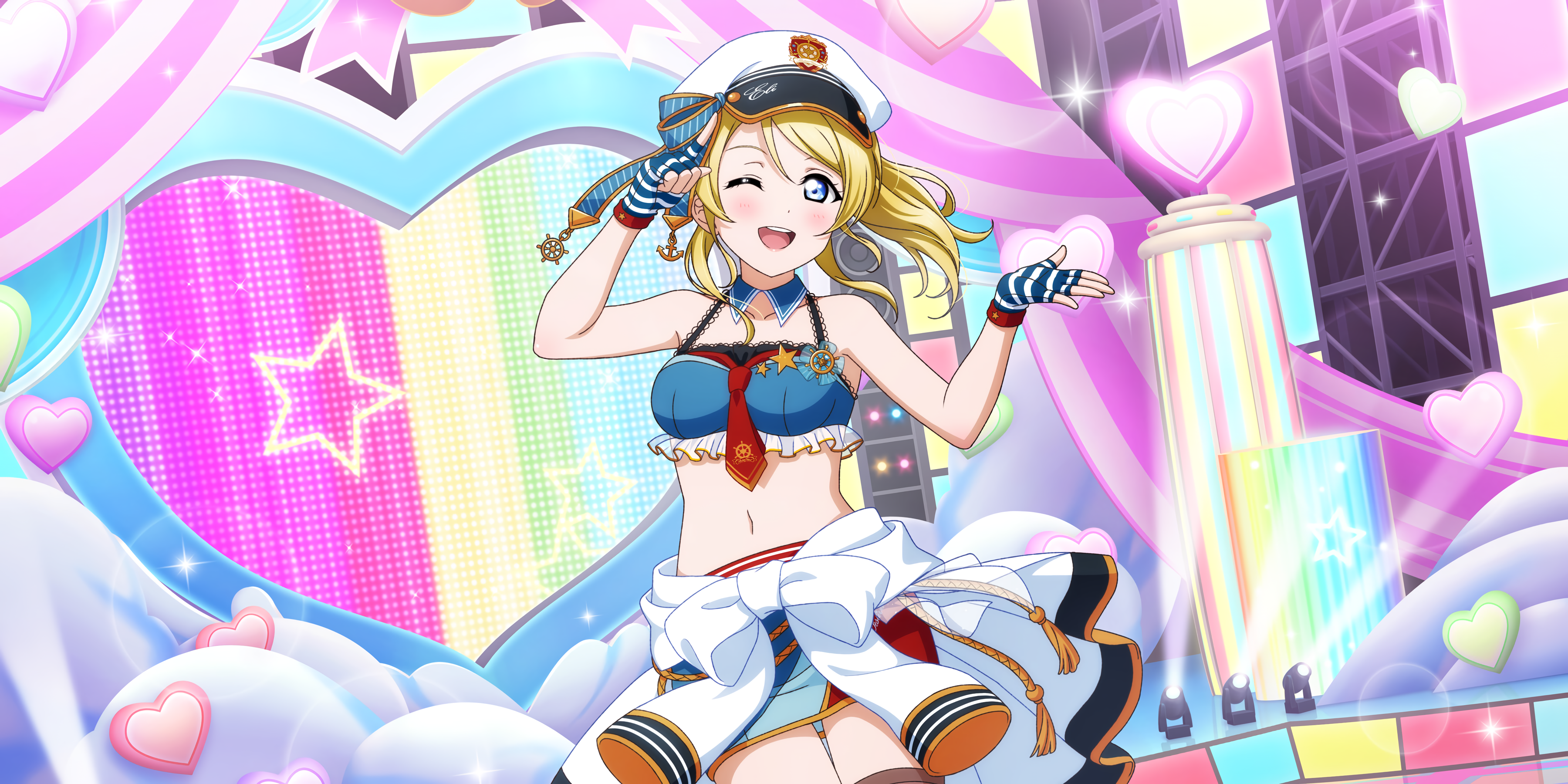 Anime 3600x1800 Ayase Eli Love Live! anime anime girls one eye closed wink gloves fingerless gloves stars heart (design) stages stage light hat tie belly looking at viewer