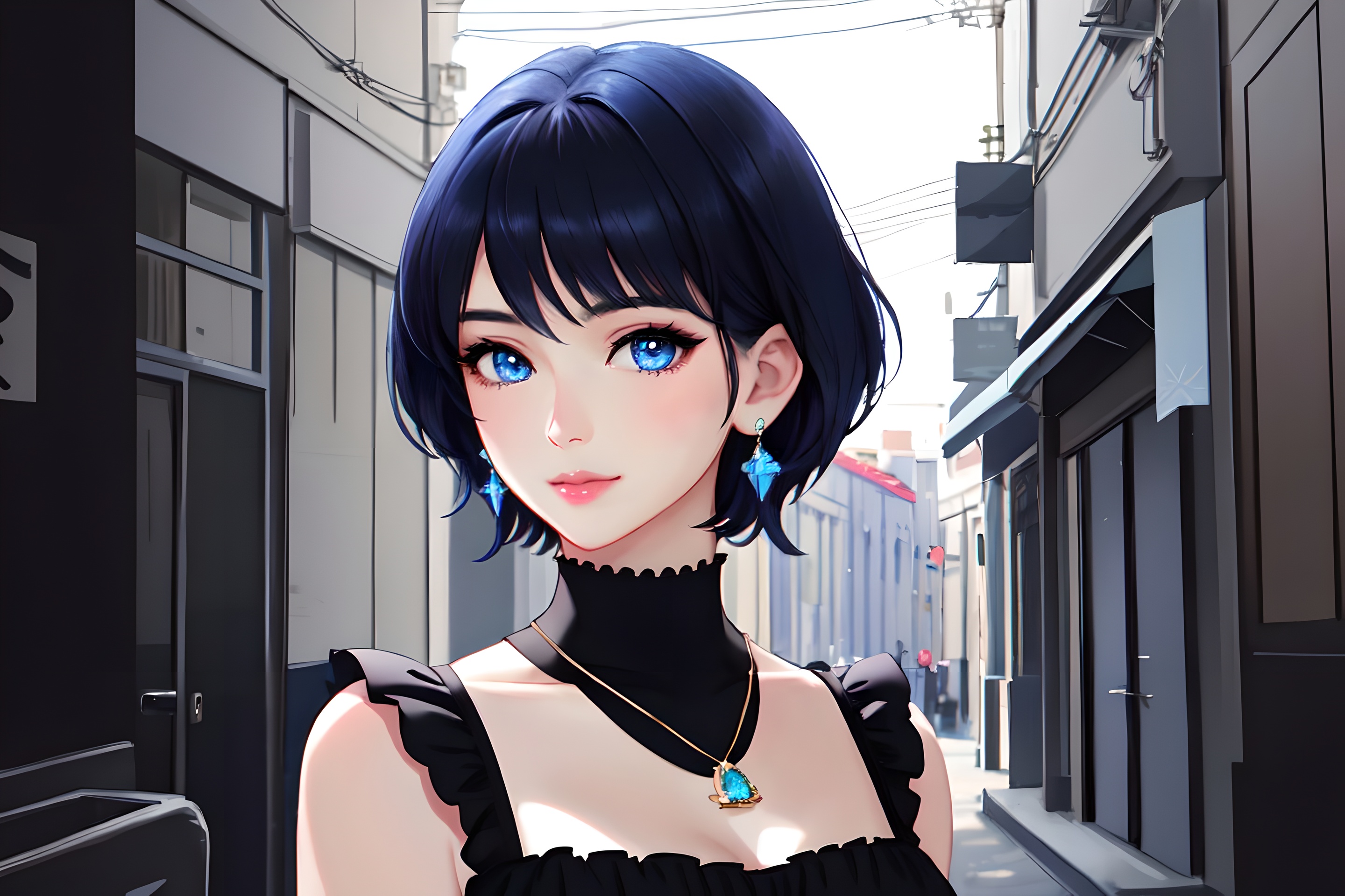 Anime 2880x1920 AI art anime girls brunette character design  blue eyes looking at viewer earring necklace short hair building