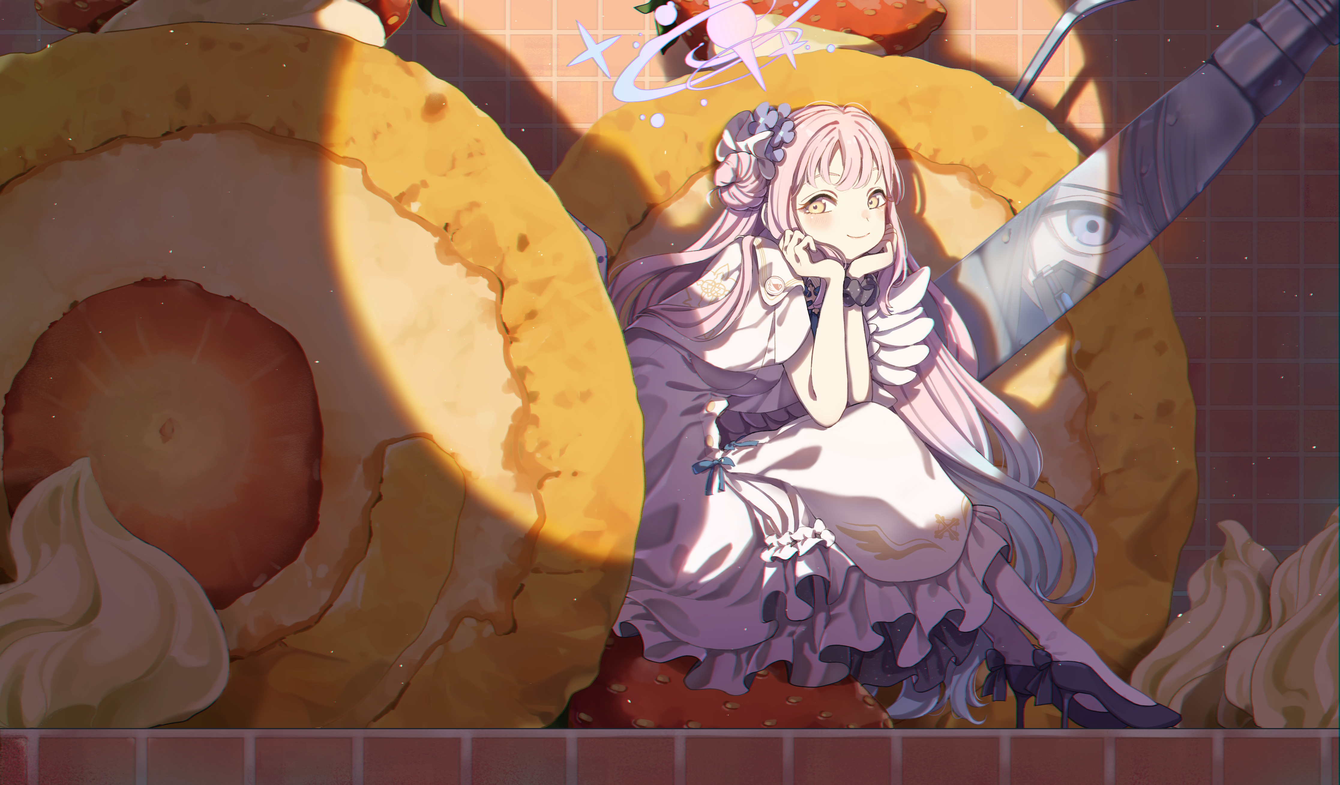 Anime 4466x2618 Misono Mika anime girls food looking at viewer Blue Archive long hair sweets smiling pink hair yellow eyes sitting knife reflection heels wings blushing dress