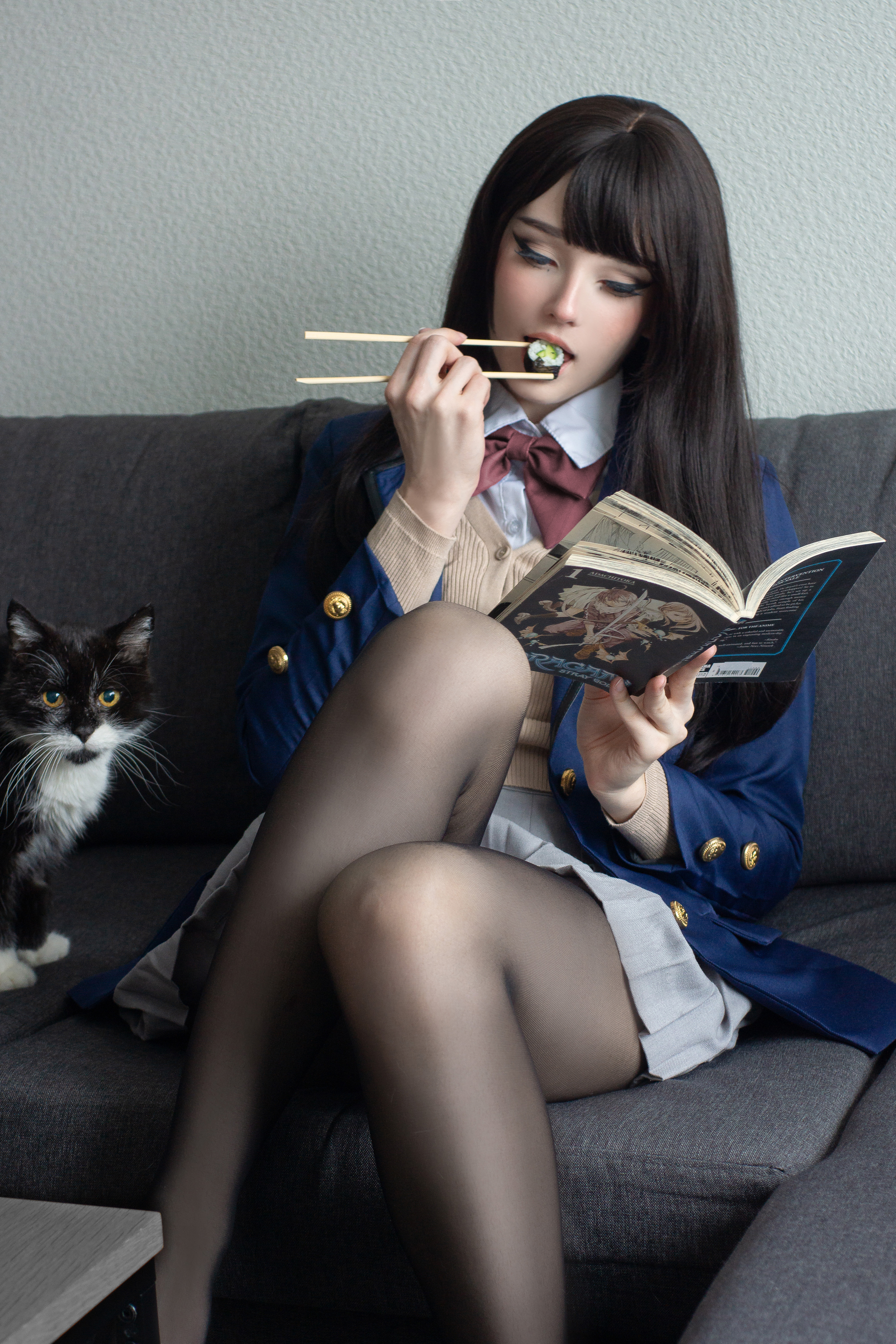 People 2731x4096 women model anime Miru Tights JK schoolgirl school uniform Candy Balll women indoors cosplay manga reading sitting chopsticks