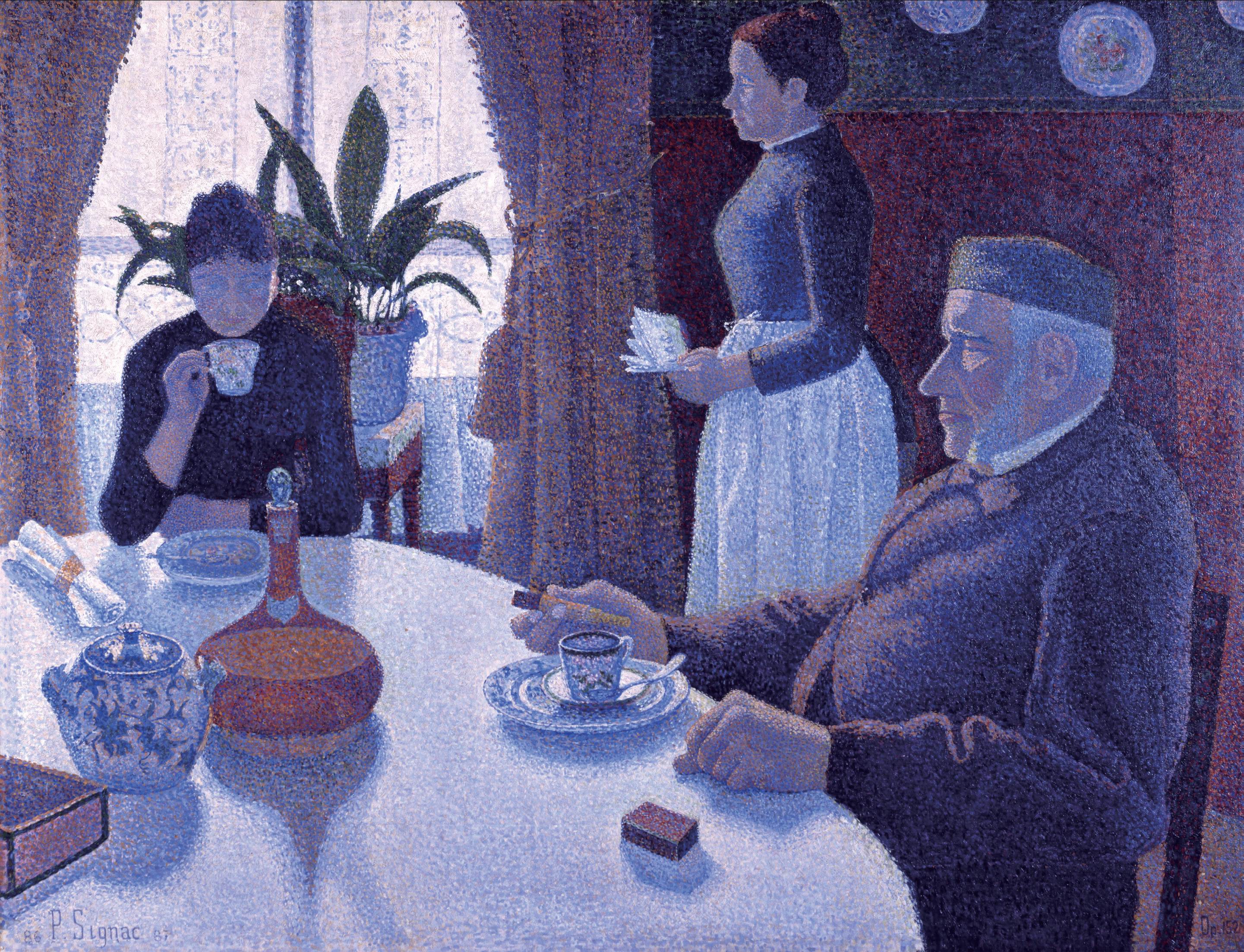 General 2882x2205 Oil on canvas oil painting Paul Signac sitting artwork classic art table cup maid plants window curtains plates dining room men women digital art watermarked