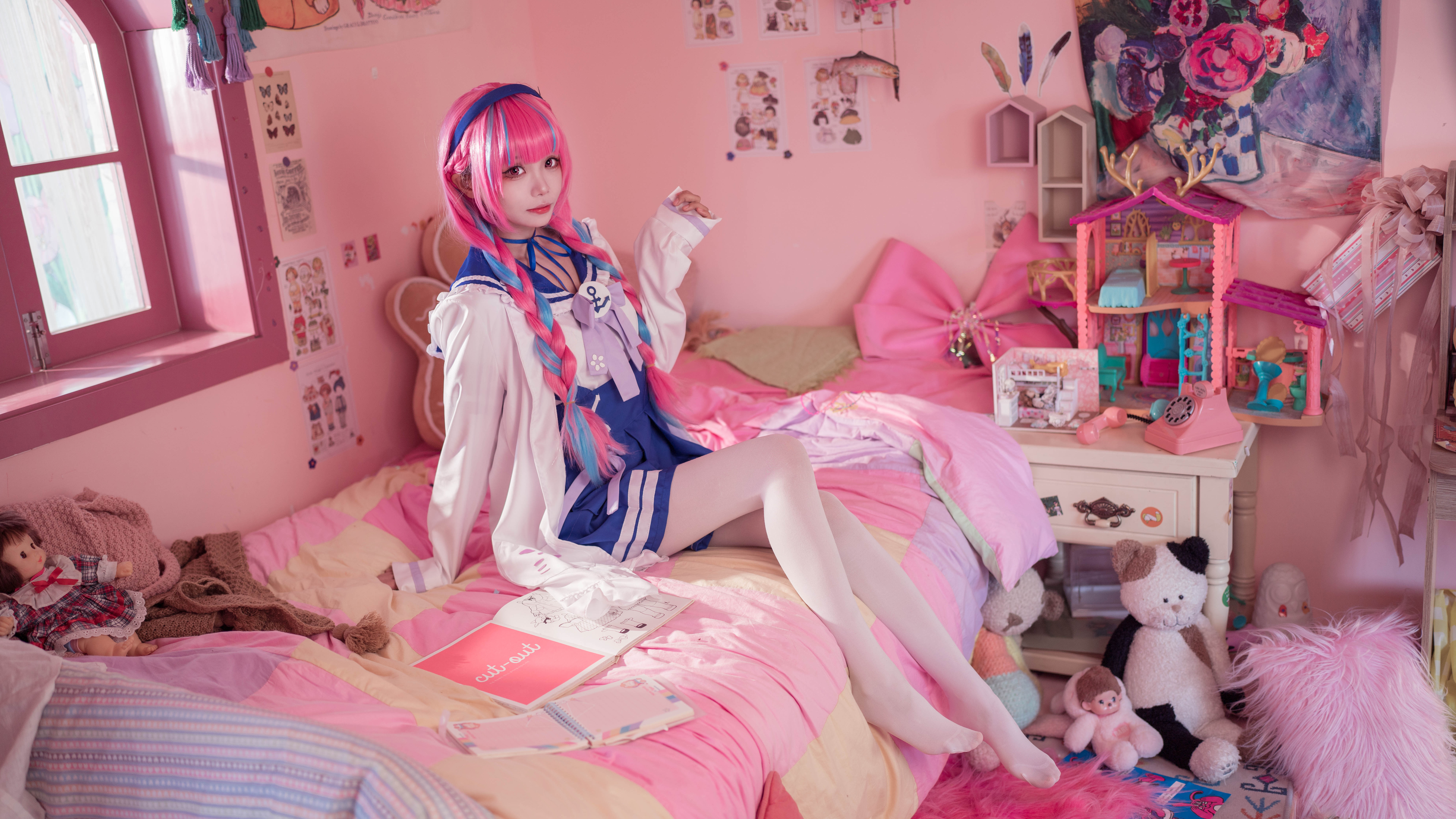 People 7952x4472 Minato Aqua pink hair white stockings Asian cosplay maid outfit women legs feet indoors petite aegyo sal two tone hair sitting on bed