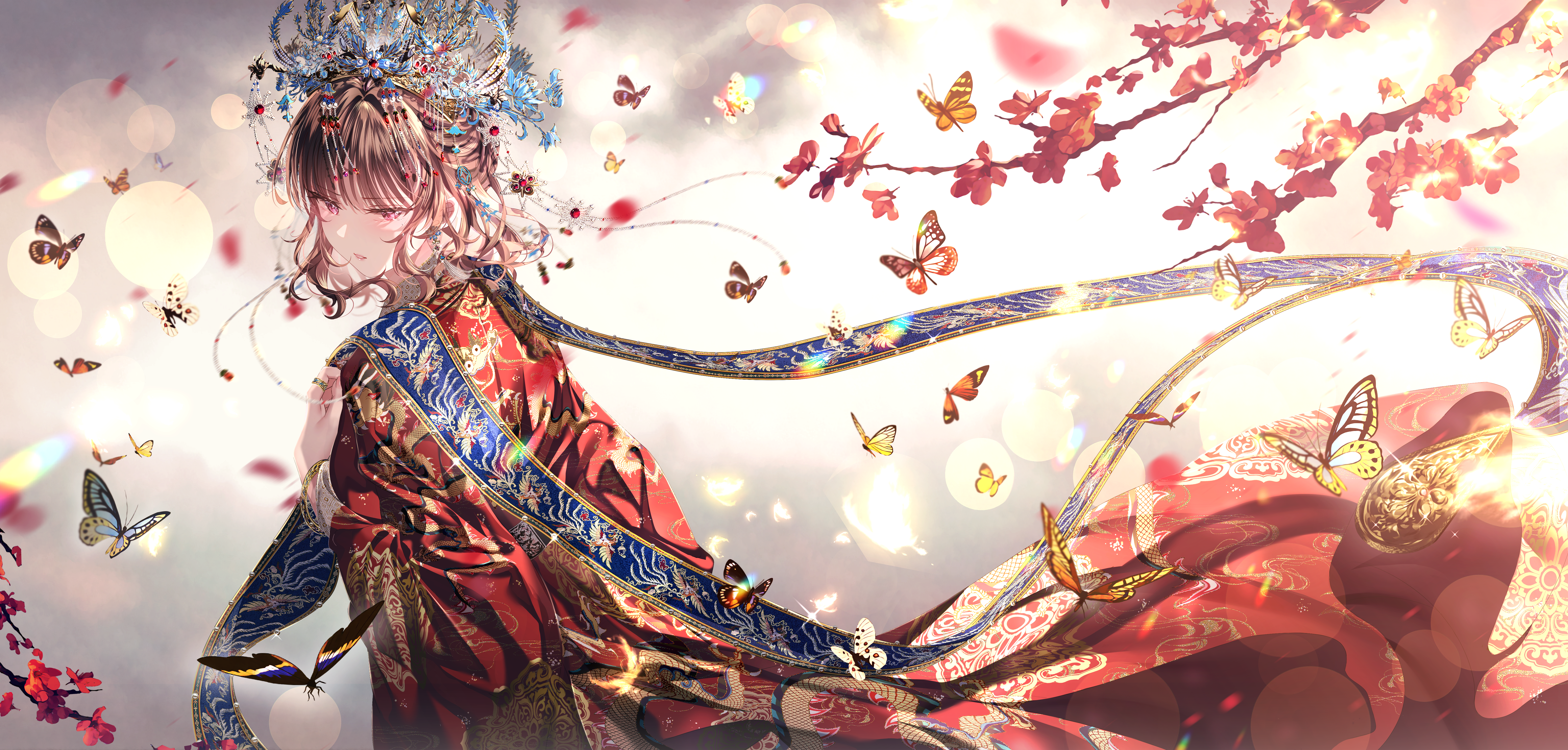 Anime 6528x3124 Pixiv anime anime girls butterfly looking back petals insect looking at viewer short hair sunlight simple background branch minimalism tears earring bracelets jewelry flowers rings
