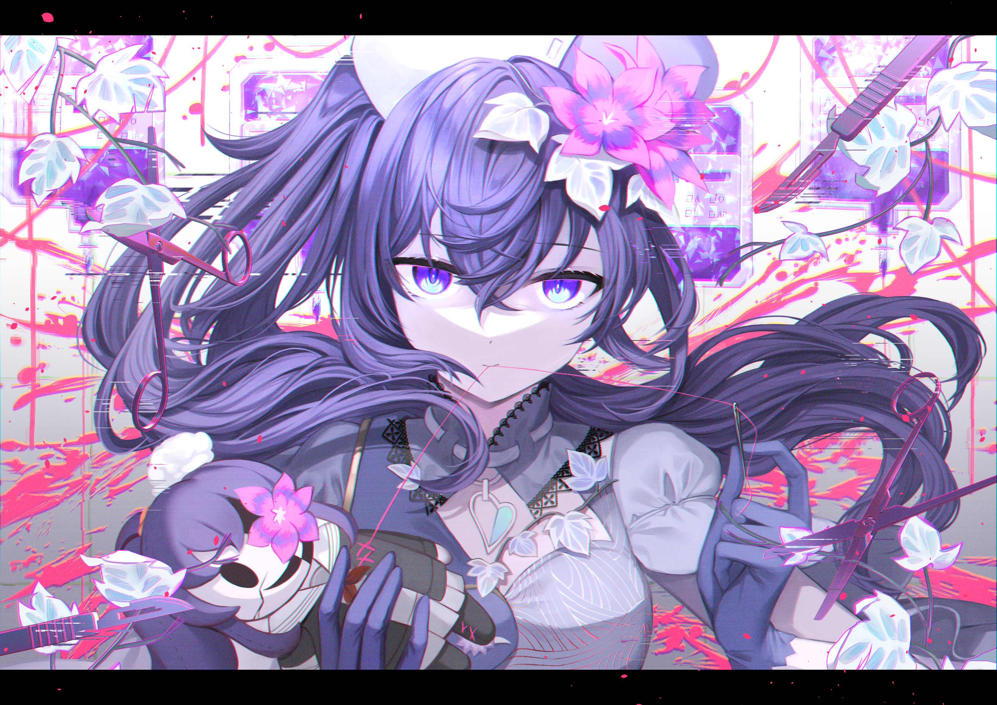 Anime 3274x2315 anime anime girls looking at viewer flowers doll scissors knife Project Sekai Colorful Stage Asahina Mafuyu long hair purple hair flower in hair gloves leaves strings