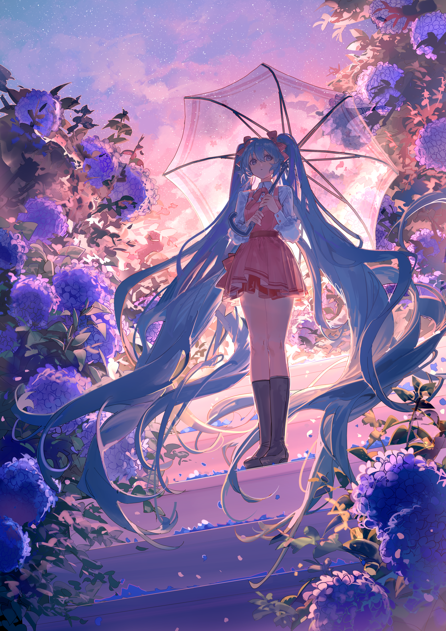 Anime 1447x2046 anime Pixiv anime girls flowers Vocaloid Hatsune Miku umbrella twintails stairs portrait display sunset sunset glow standing leaves sky long hair looking away dress frills skirt blue hair blue eyes petals clouds Shuno (artist)