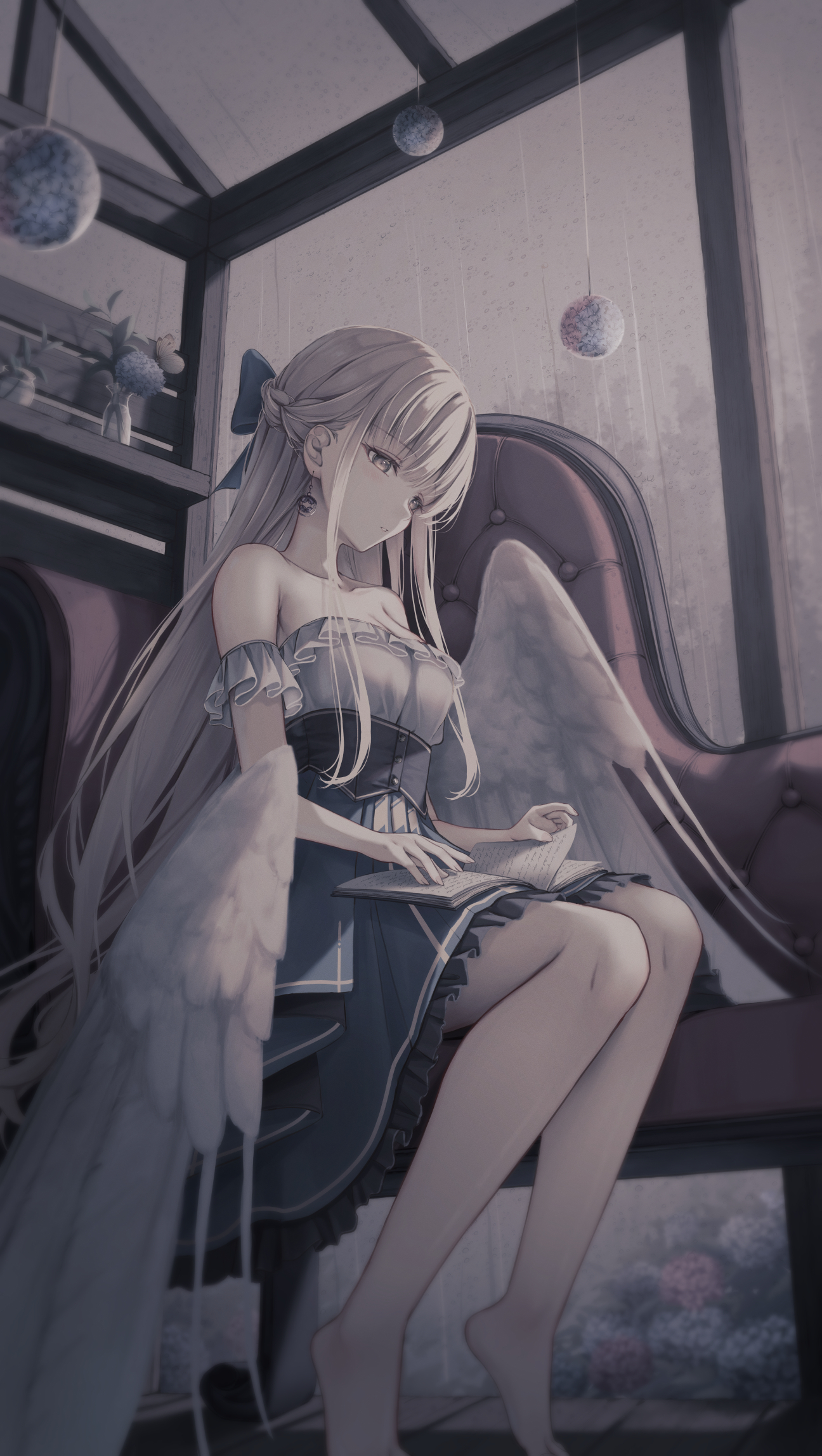 Anime 1296x2297 anime anime girls wings angel wings reading portrait display sitting long hair books white hair bare shoulders earring indoors women indoors dress couch feet barefoot