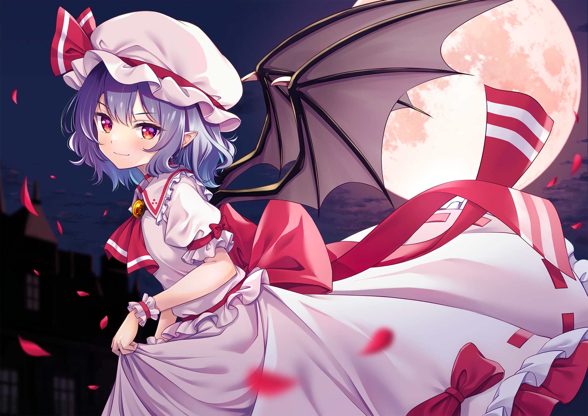 Anime 2000x1414 anime anime girls Touhou Remilia Scarlet dress looking at viewer Moon moonlight pointy ears night petals lifting dress short hair hat multi-colored eyes blue eyes wings vampire girl