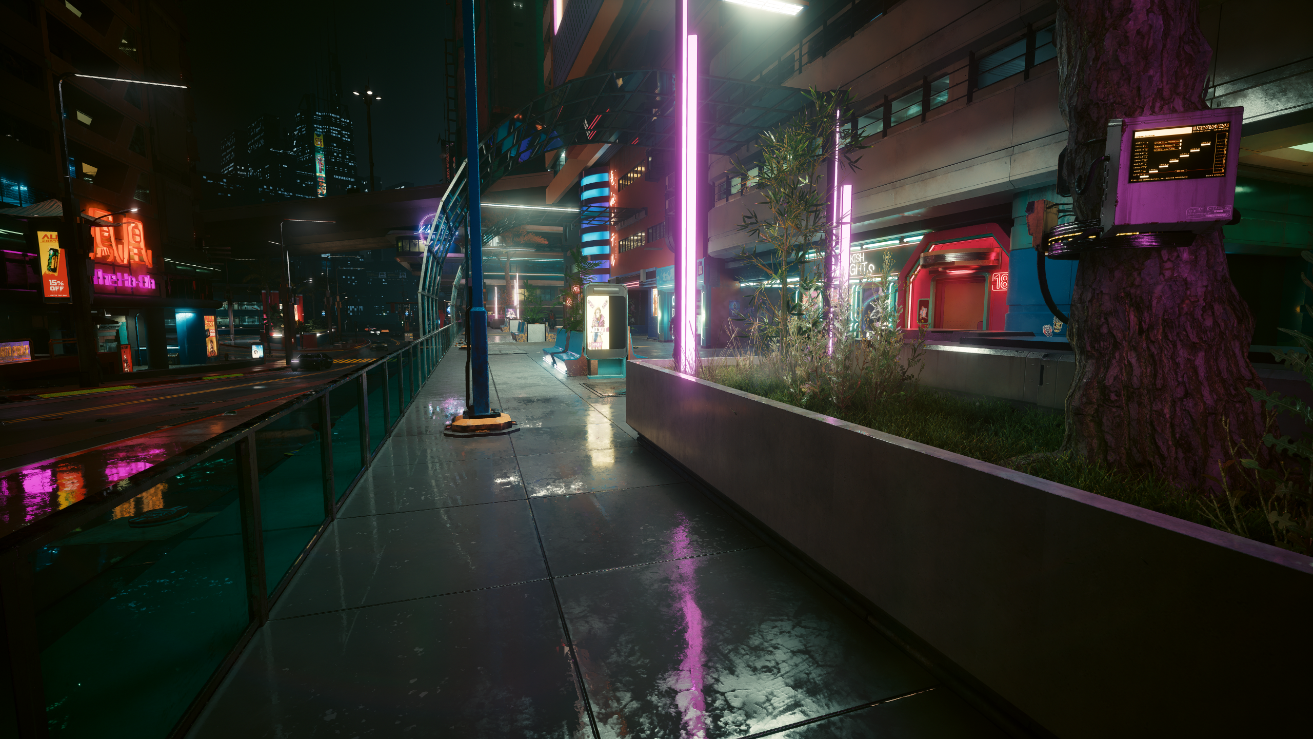 General 2560x1440 Cyberpunk 2077 video games screen shot video game art sidewalks reflection lights CGI neon building night