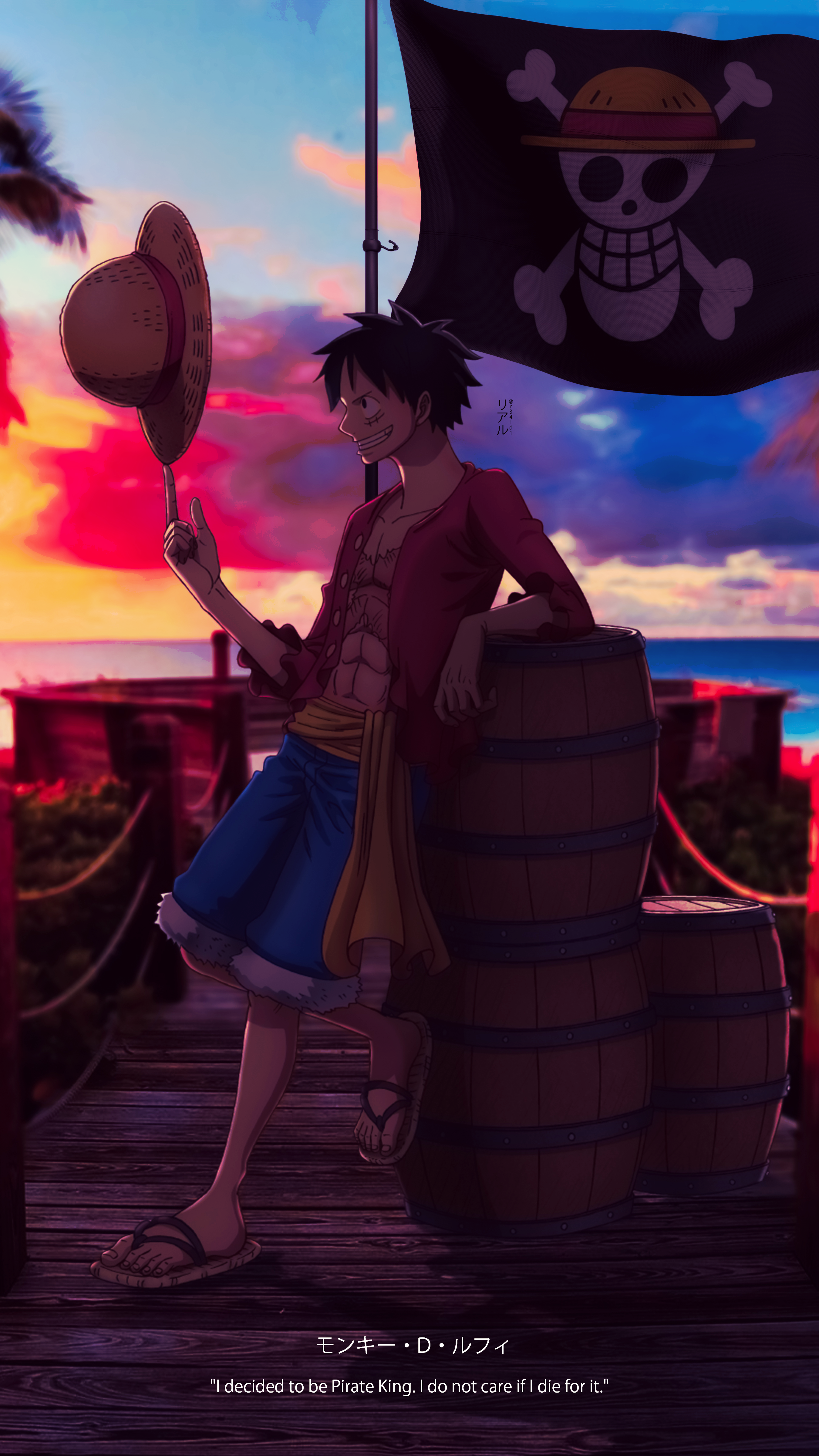 Anime 2700x4800 One Piece Monkey D. Luffy portrait display anime boys straw hat Barrel sky clouds flip flops smiling scars flag sunset sunset glow sunlight Japanese text