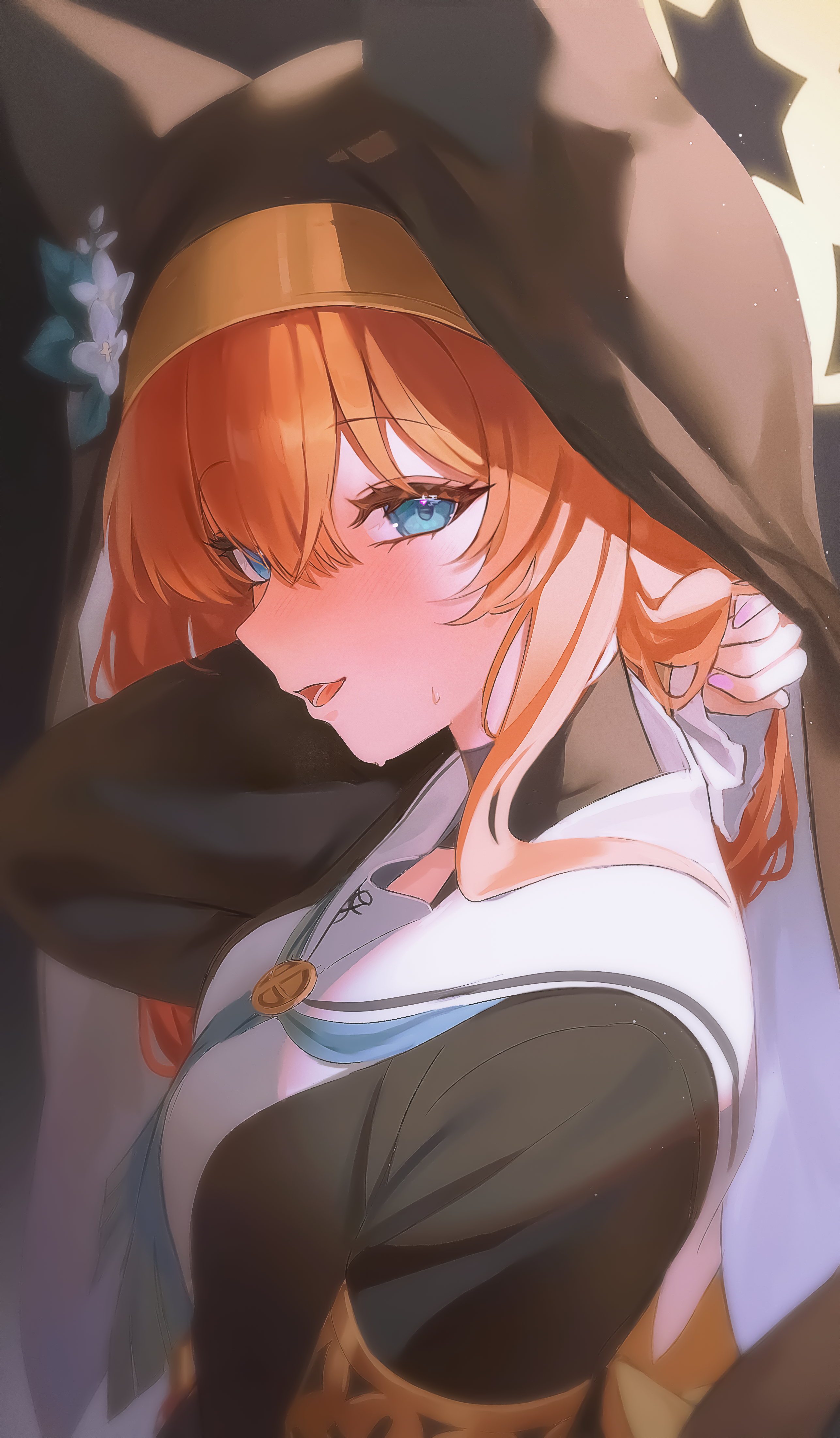 Anime 2574x4403 anime anime girls Pixiv portrait display Blue Archive Iochi Mari redhead looking at viewer blue eyes blushing nuns sweat hoods nun outfit