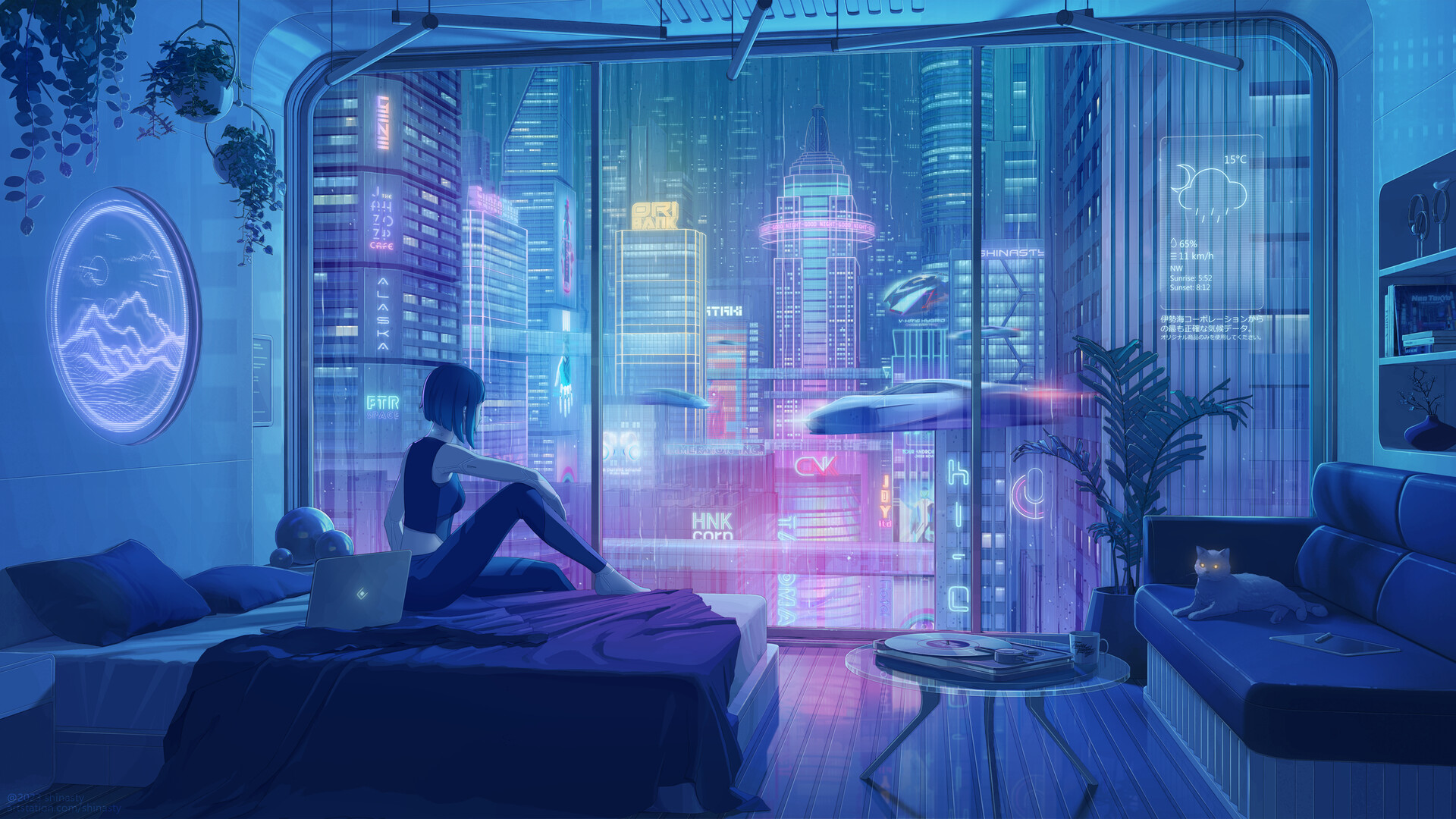 General 1920x1080 digital art artwork illustration room indoors environment interior women sitting bed futuristic window building science fiction Anastasia Ermakova city laptop animals cats women indoors in bed pillow couch table cyberpunk