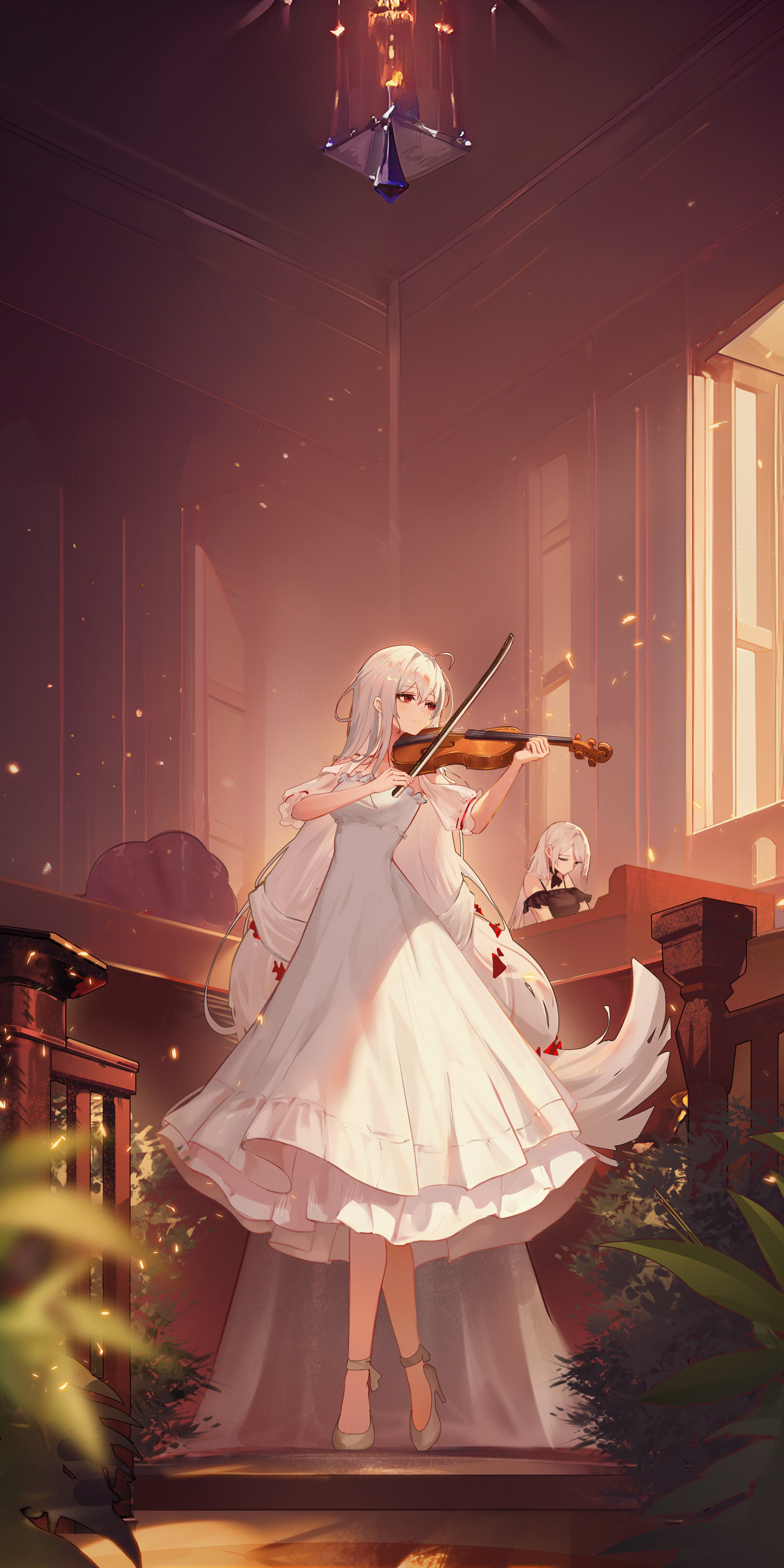 Anime 3992x7984 anime Pixiv anime girls violin musical instrument dress portrait display leaves standing heels tiptoe piano long hair red eyes closed eyes white hair