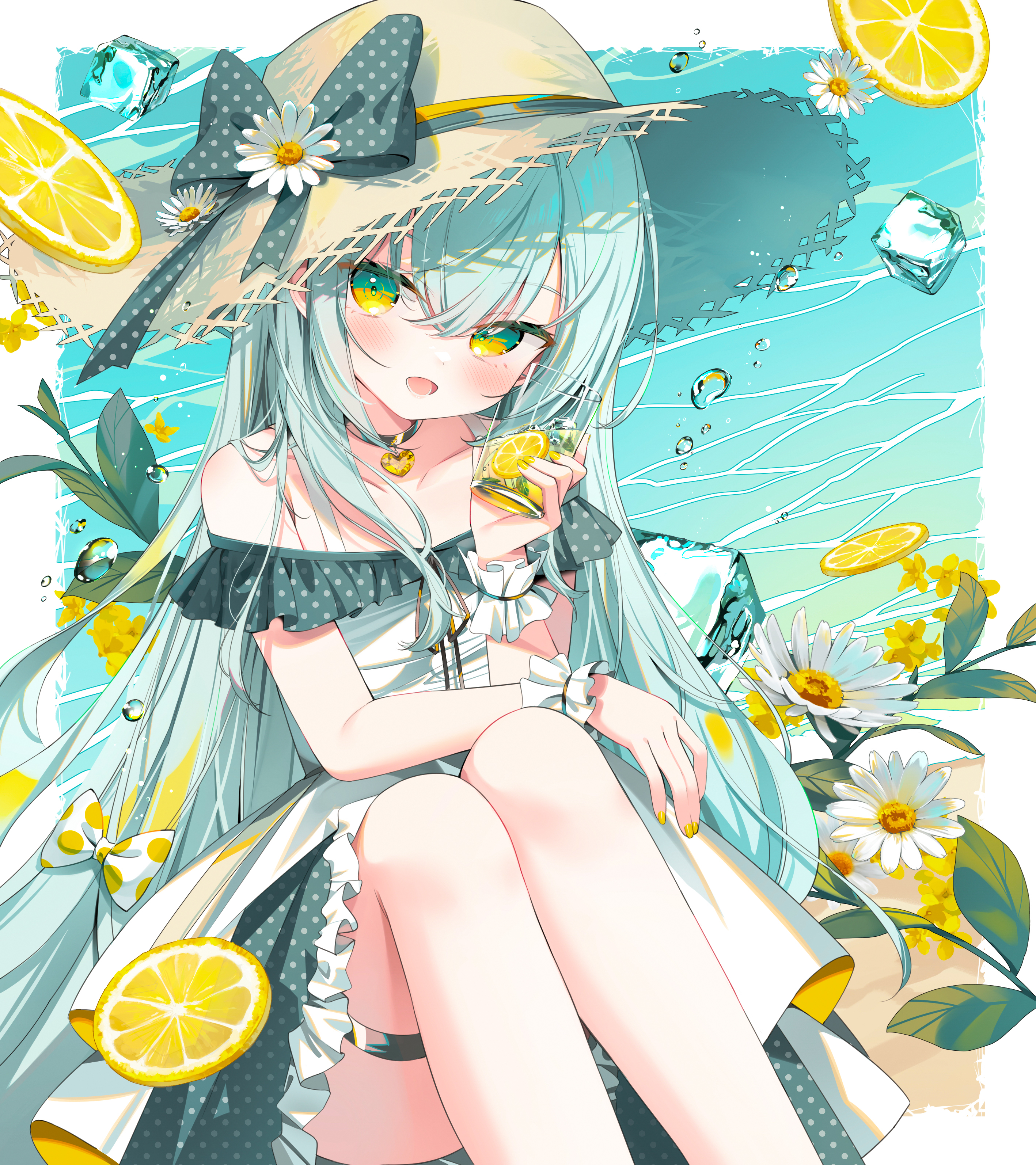 Anime 2835x3189 anime girls green hair green eyes portrait display long hair open mouth blushing dress leaves flowers lemons straw hat hair bows drink glass water drops ice cubes looking at viewer choker water