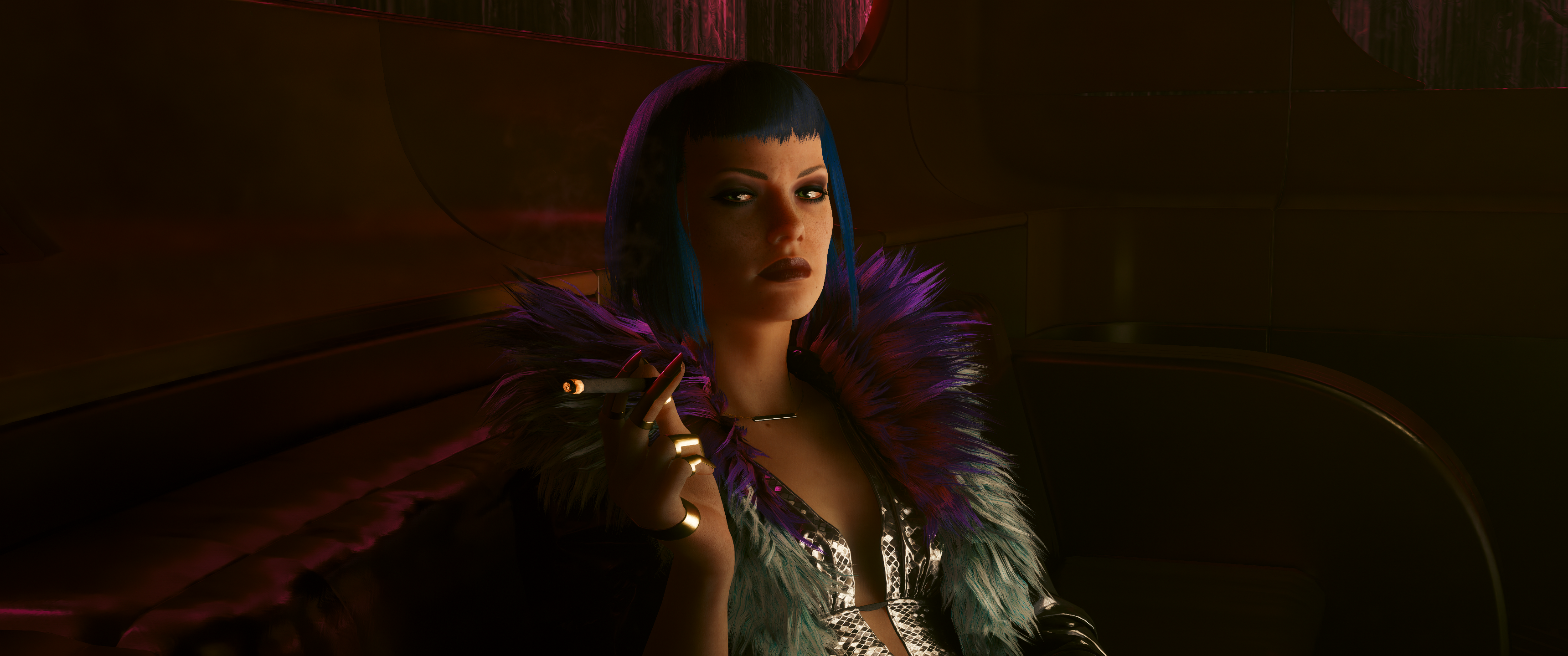 General 3440x1440 video game characters CGI video games Evelyn Parker CD Projekt RED cigarettes Cyberpunk 2077 sitting video game art short hair blue hair