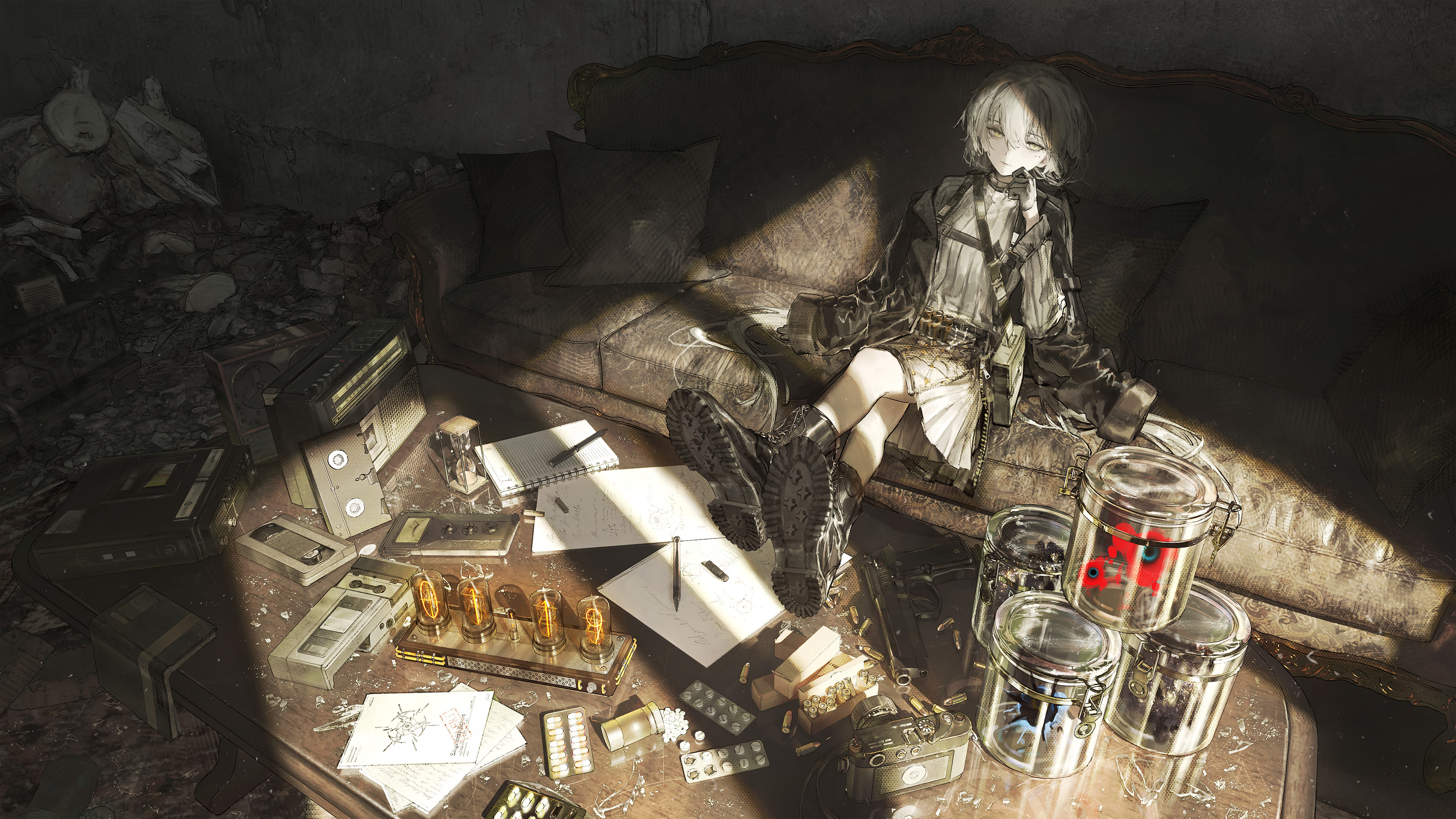 Anime 3840x2160 anime anime girls sitting short hair legs crossed skirt table containers moles mole under eye messy cassette women indoors indoors shoes looking at viewer jacket gloves couch pillow sunlight pills paper ammunition gun girls with guns divergence meter Rsef