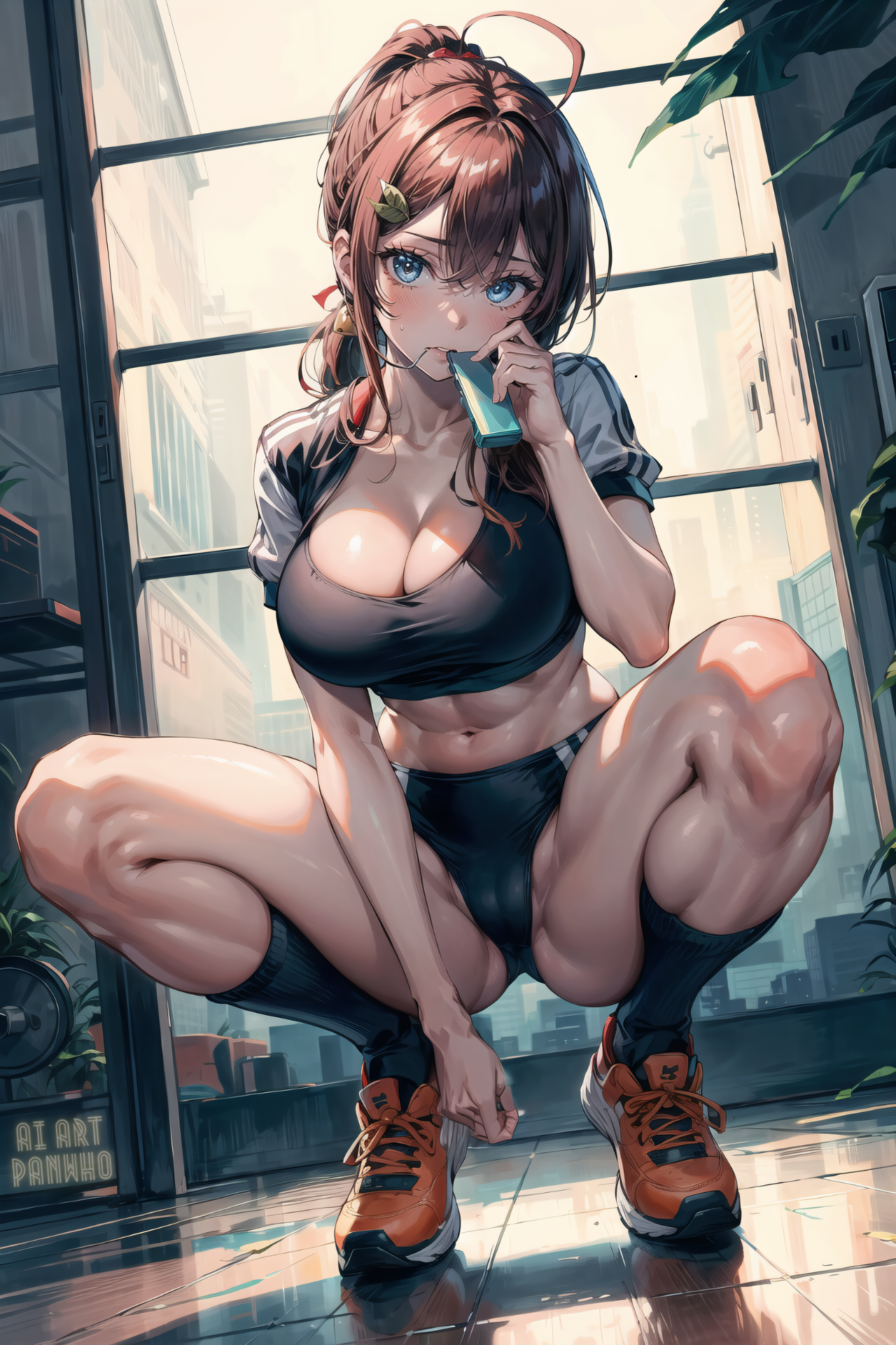 Anime 1280x1920 panwho AI art big boobs spread legs squatting cameltoe portrait display anime girls looking at viewer leaves cleavage blue eyes blushing digital art belly button window tiptoe building