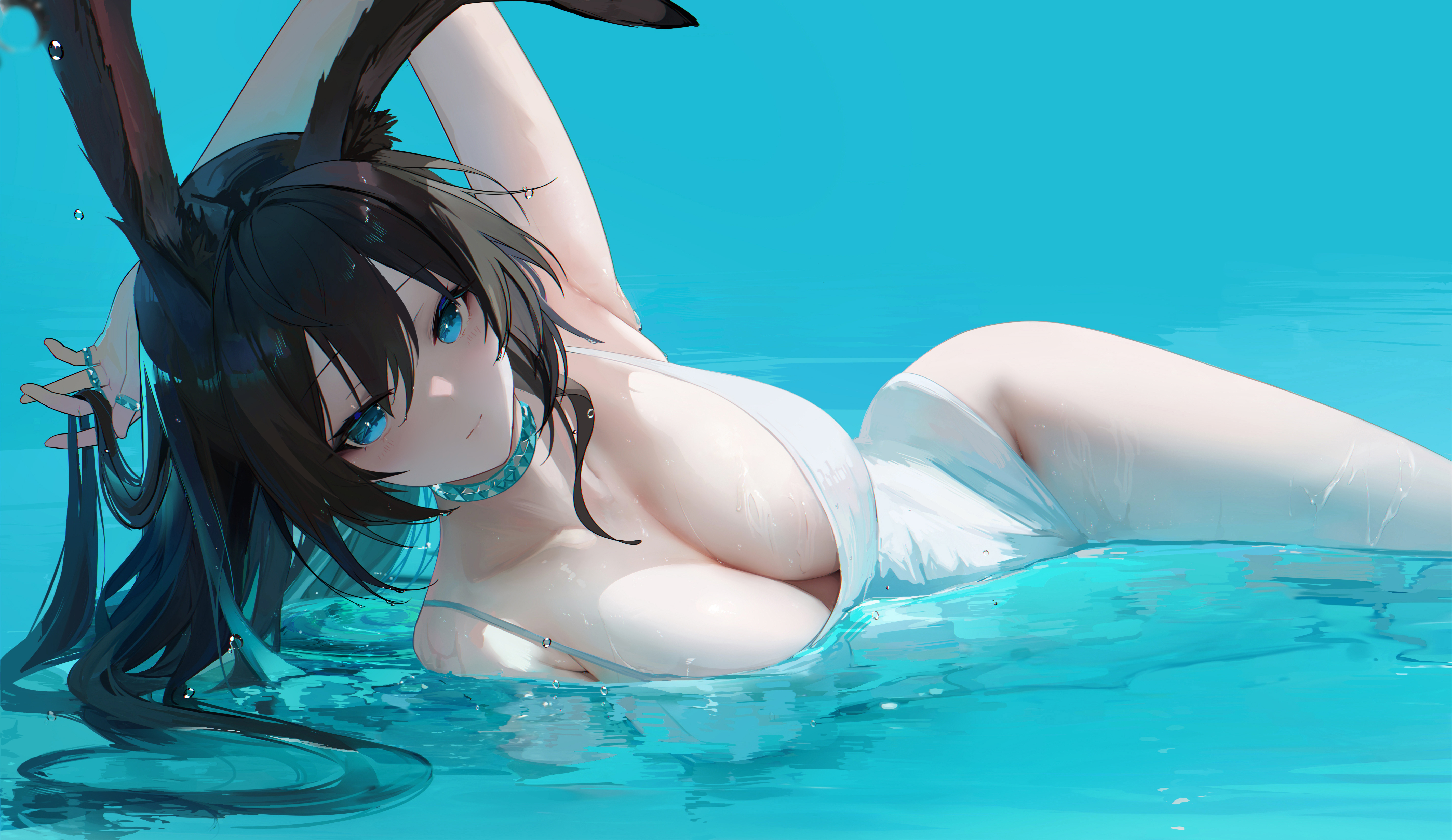 Anime 5700x3300 Arknights animal ears anime girls bunny ears Amiya (Arknights) water blue background jewelry simple background choker one-piece swimsuit thighs looking at viewer long hair white swimsuit black hair big boobs one arm up cleavage lying on side Omone Hokoma Agm wet wet body closed mouth in water swimwear hands in hair rings water drops armpits